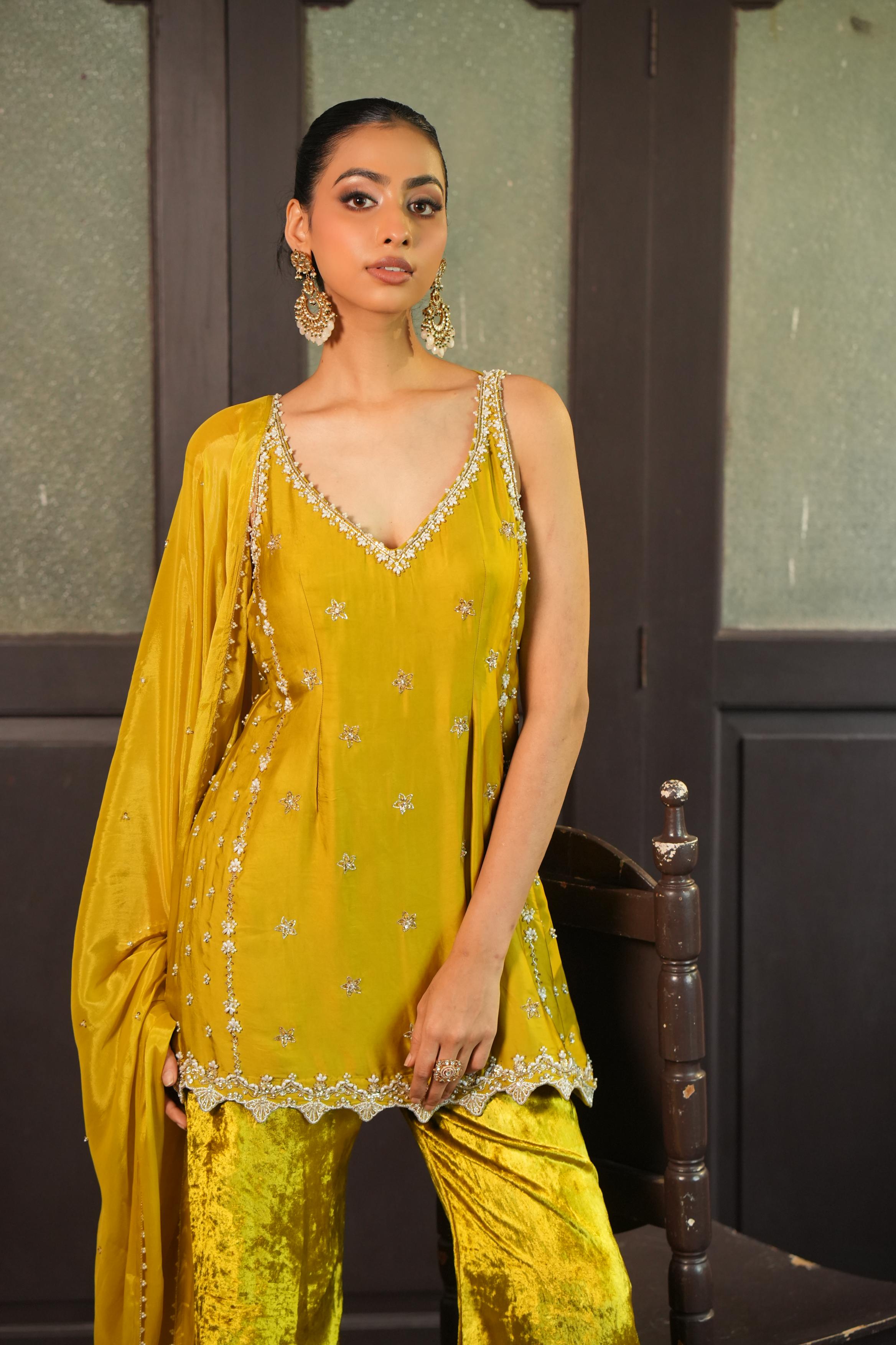 Lime Green (Velvet Bottom) Tunic Set