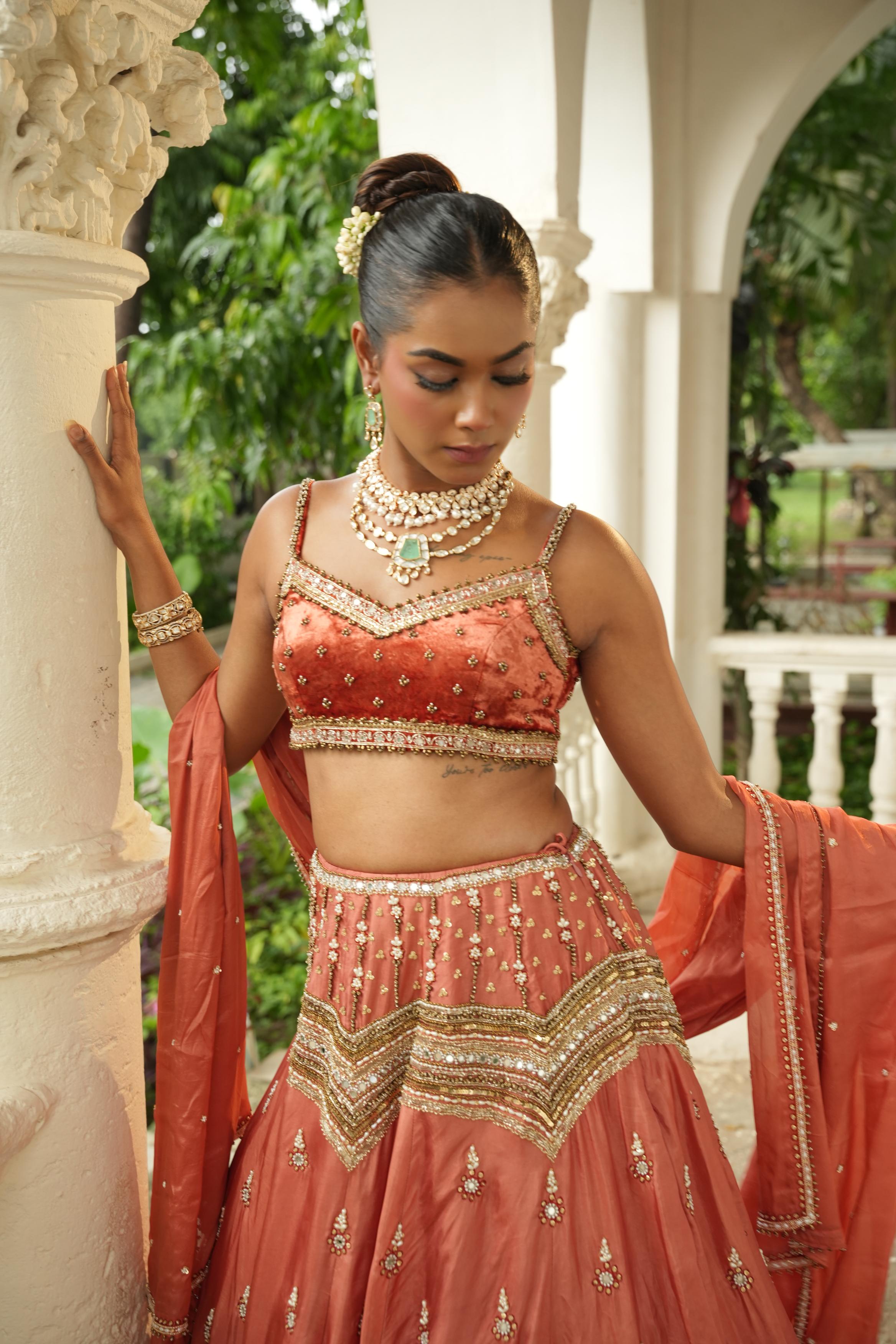 Dusky Peach (Velvet) (Maroon Resham Details) Lehenga