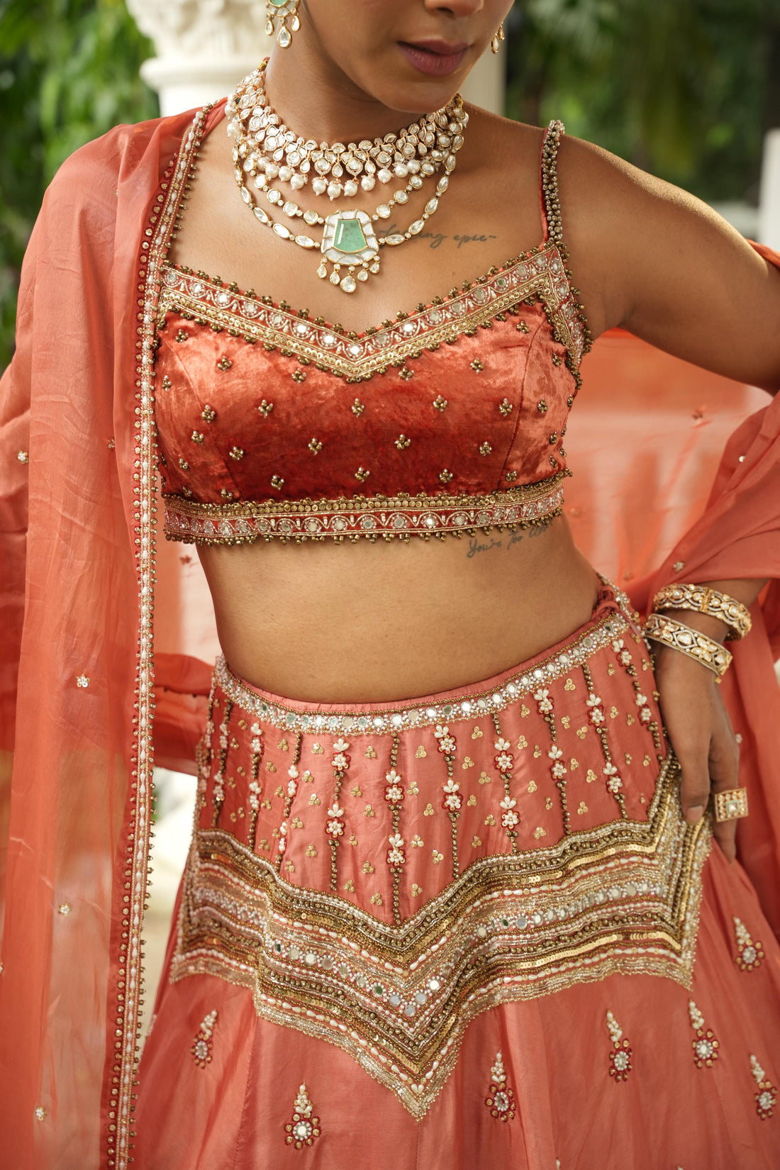 Dusky Peach (Velvet) (Maroon Resham Details) Lehenga