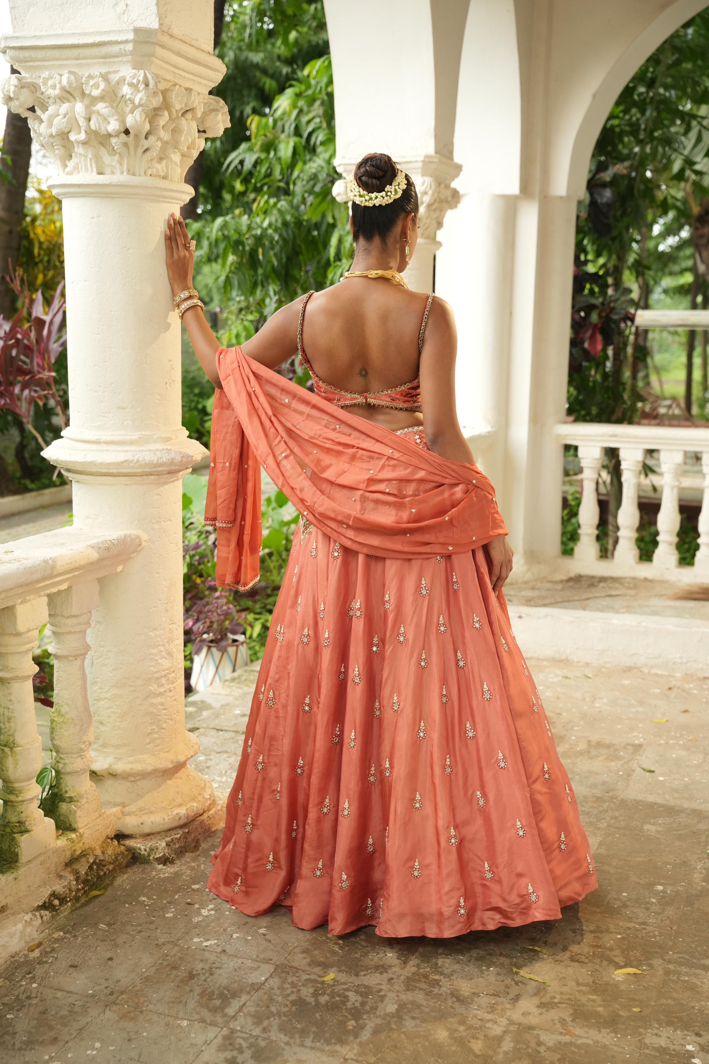 Dusky Peach (Velvet) (Maroon Resham Details) Lehenga