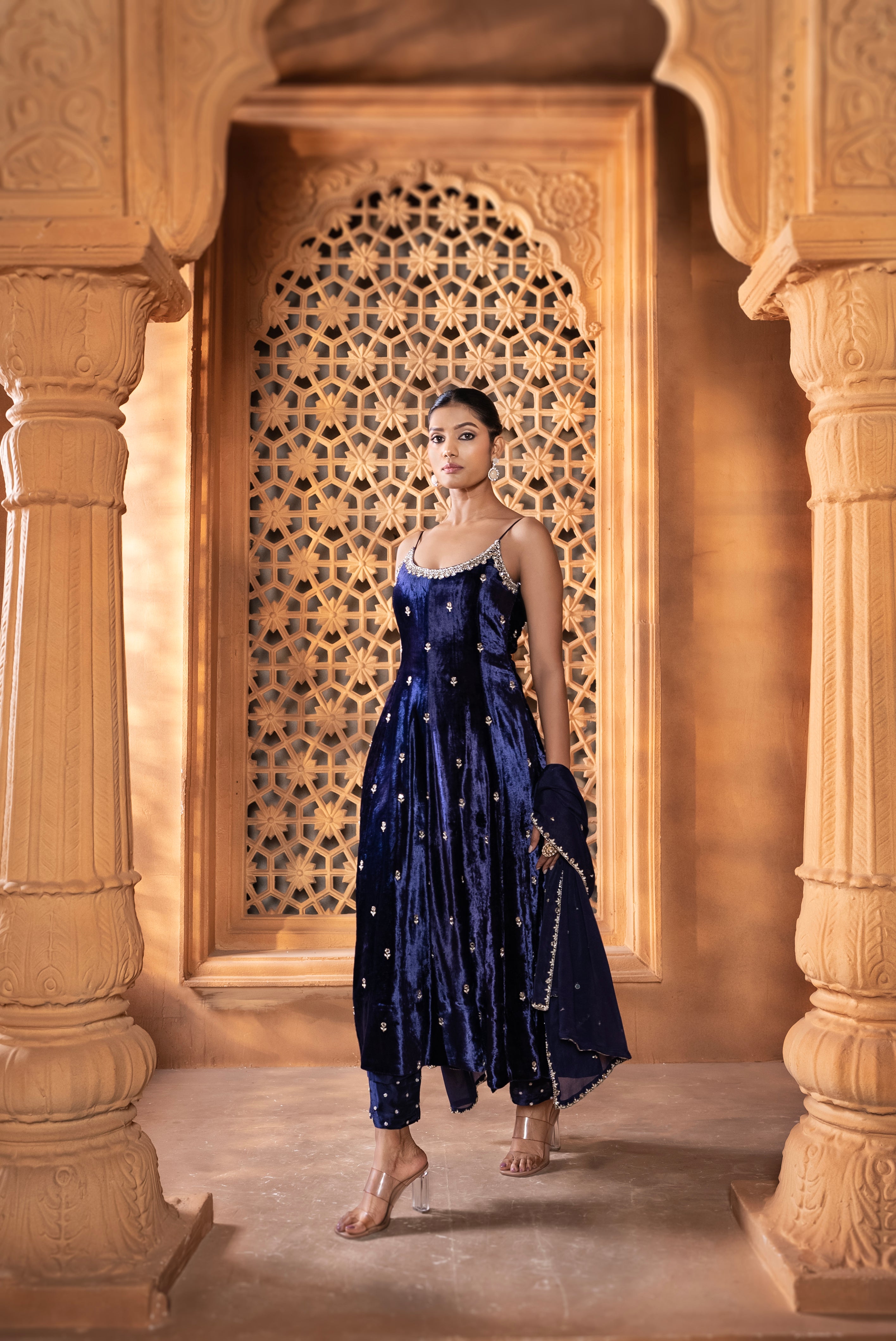 Purpulish Blue (Velvet) (Strap) Dress With Pants