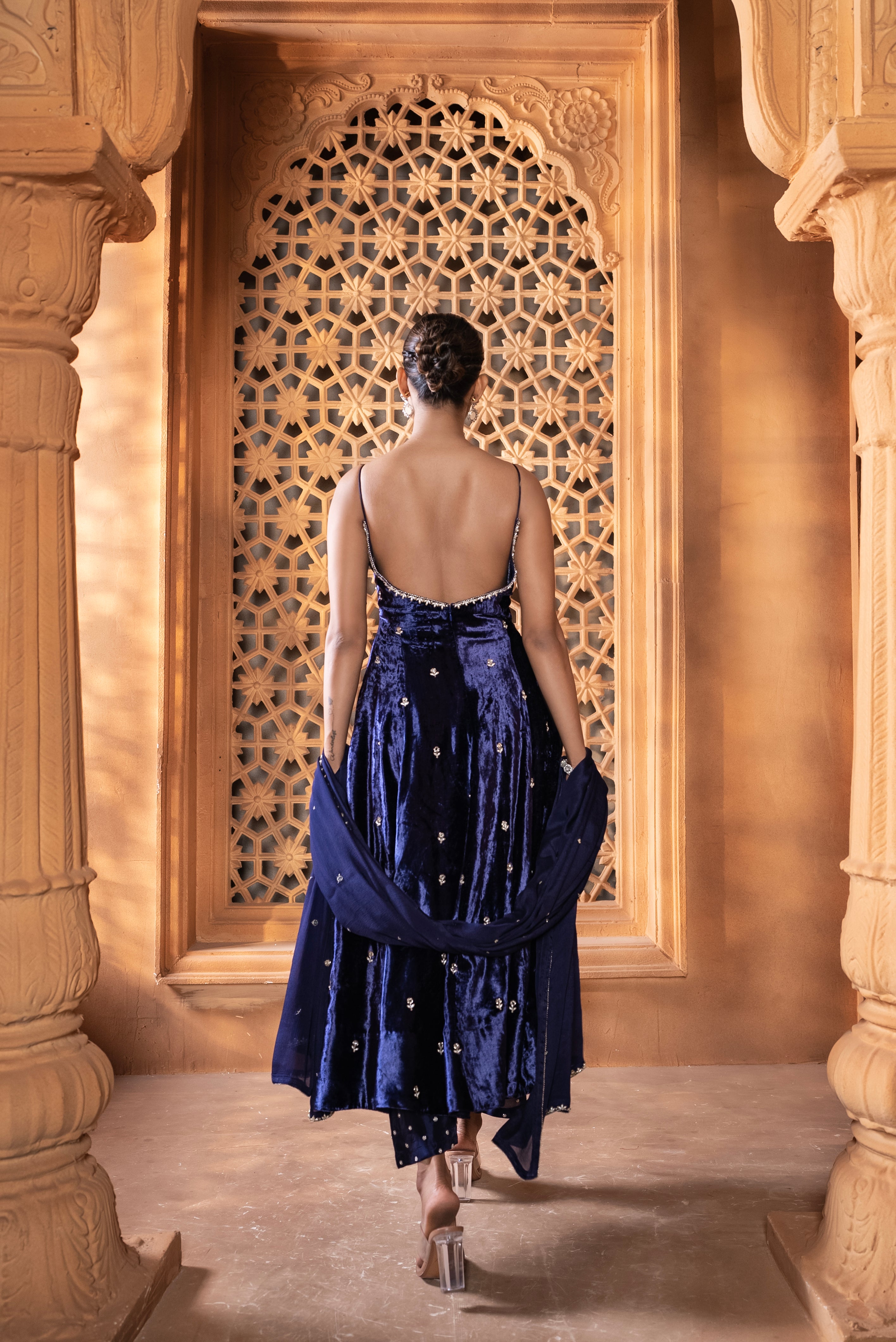 Purpulish Blue (Velvet) (Strap) Dress With Pants