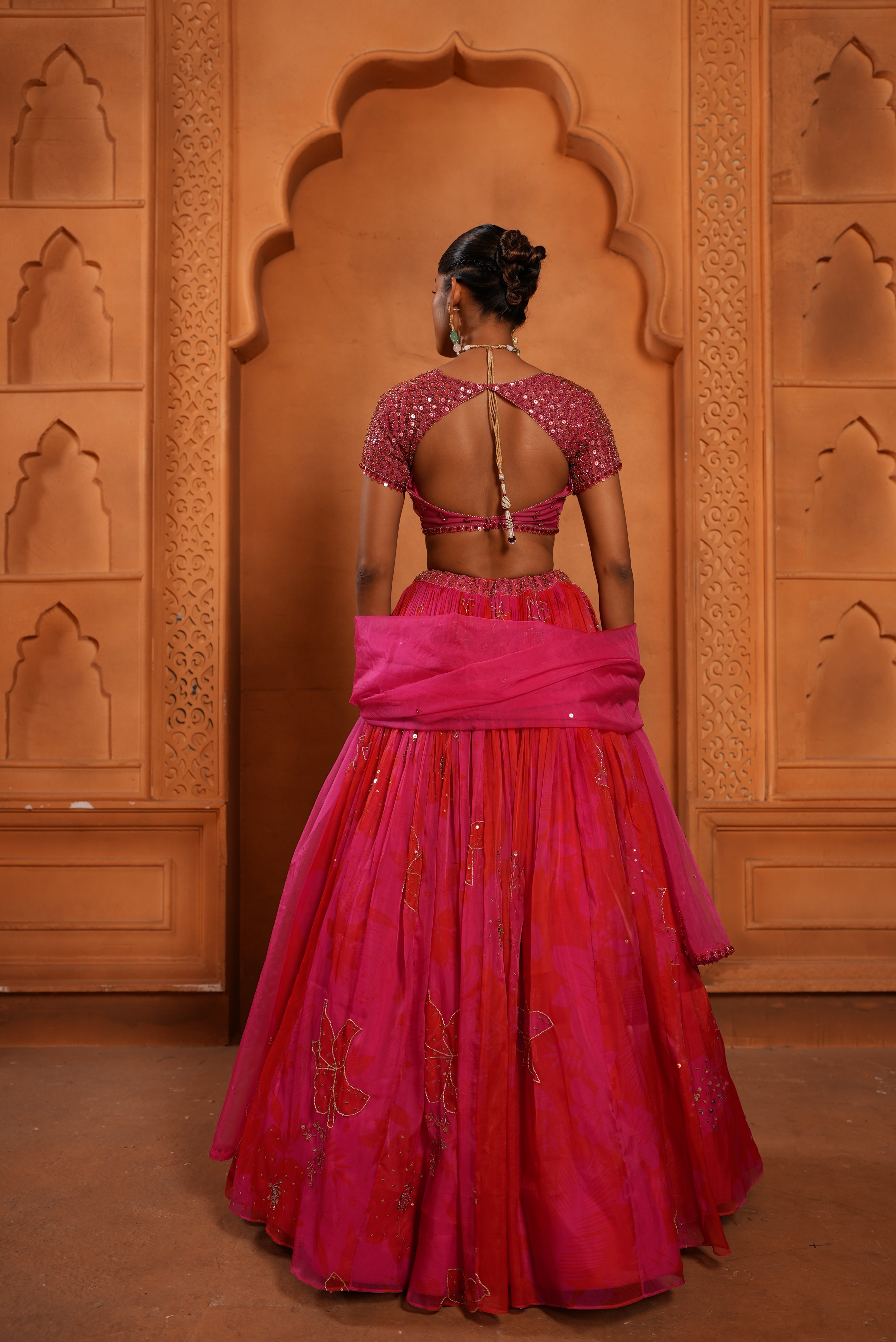 Bright Pink - Red (Printed) Organza Lehenga