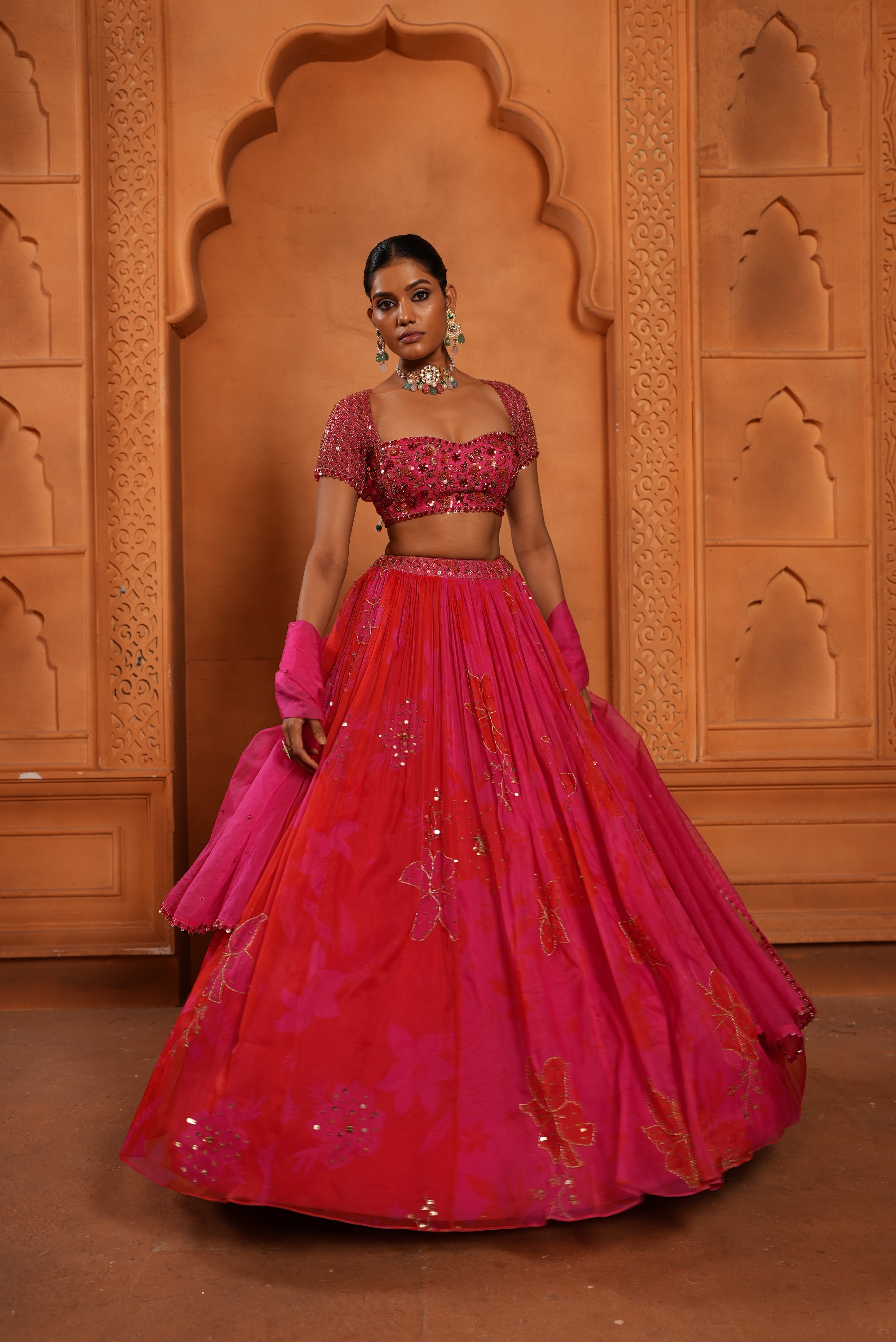 Bright Pink - Red (Printed) Organza Lehenga