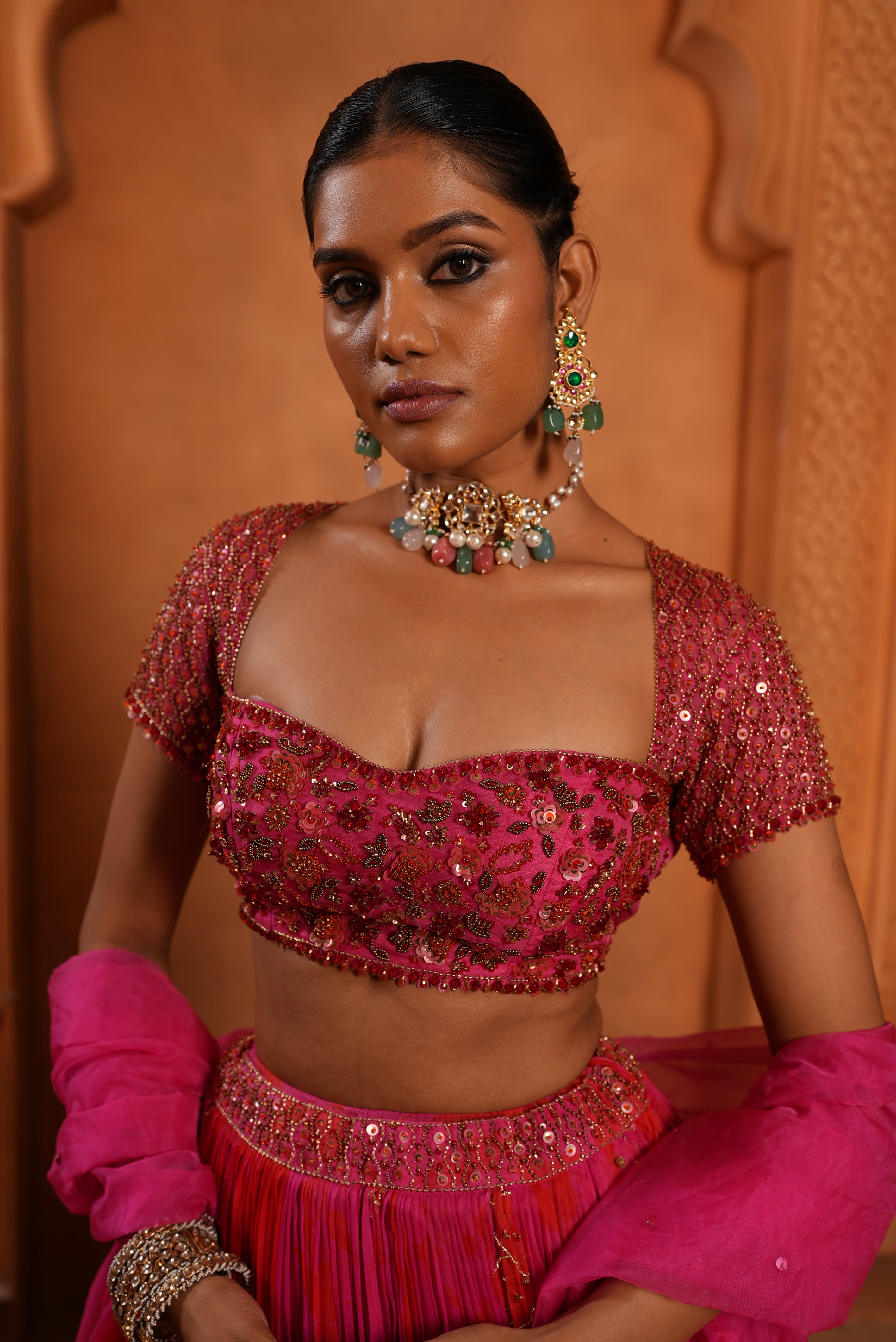 Bright Pink - Red (Printed) Organza Lehenga