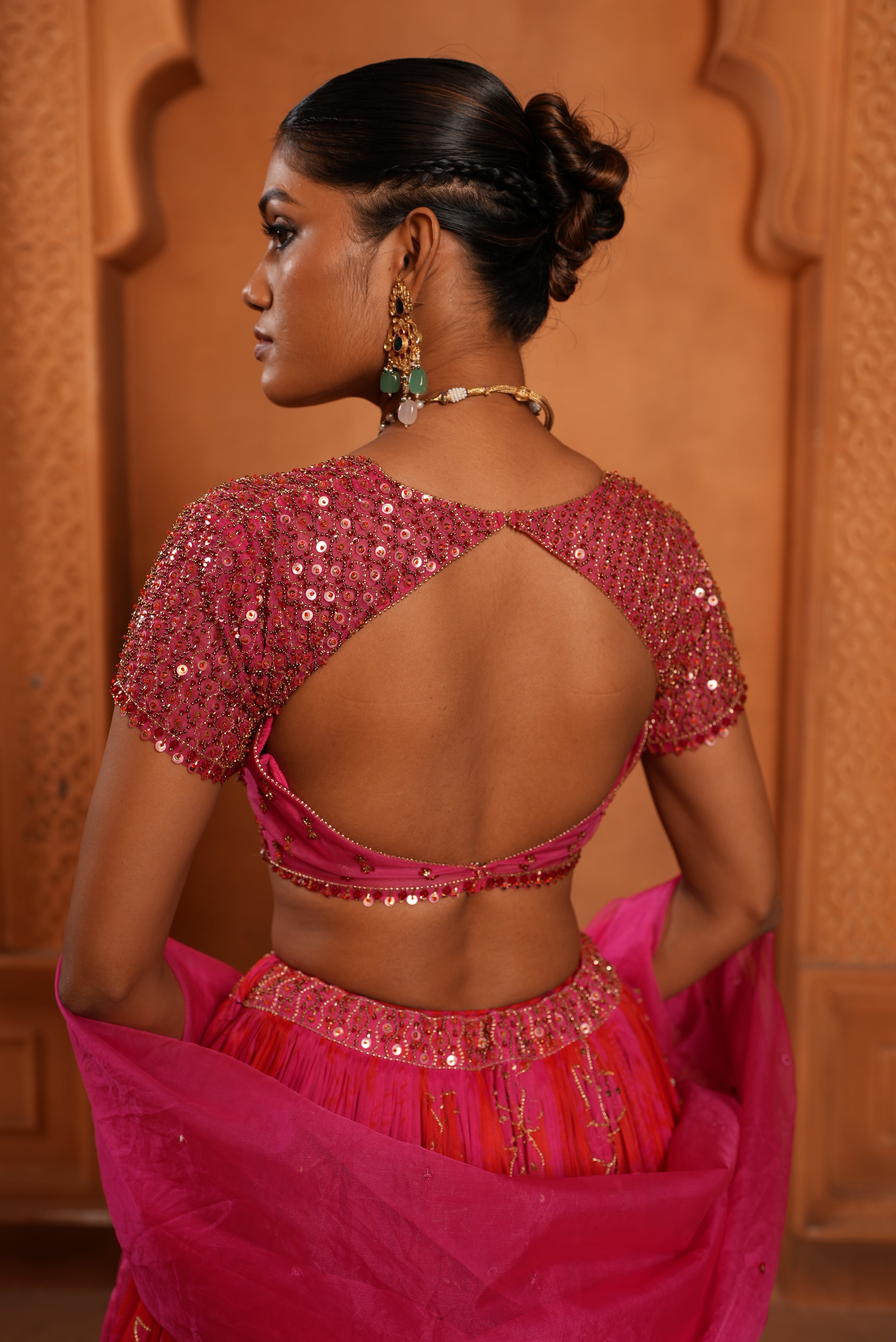 Bright Pink - Red (Printed) Organza Lehenga