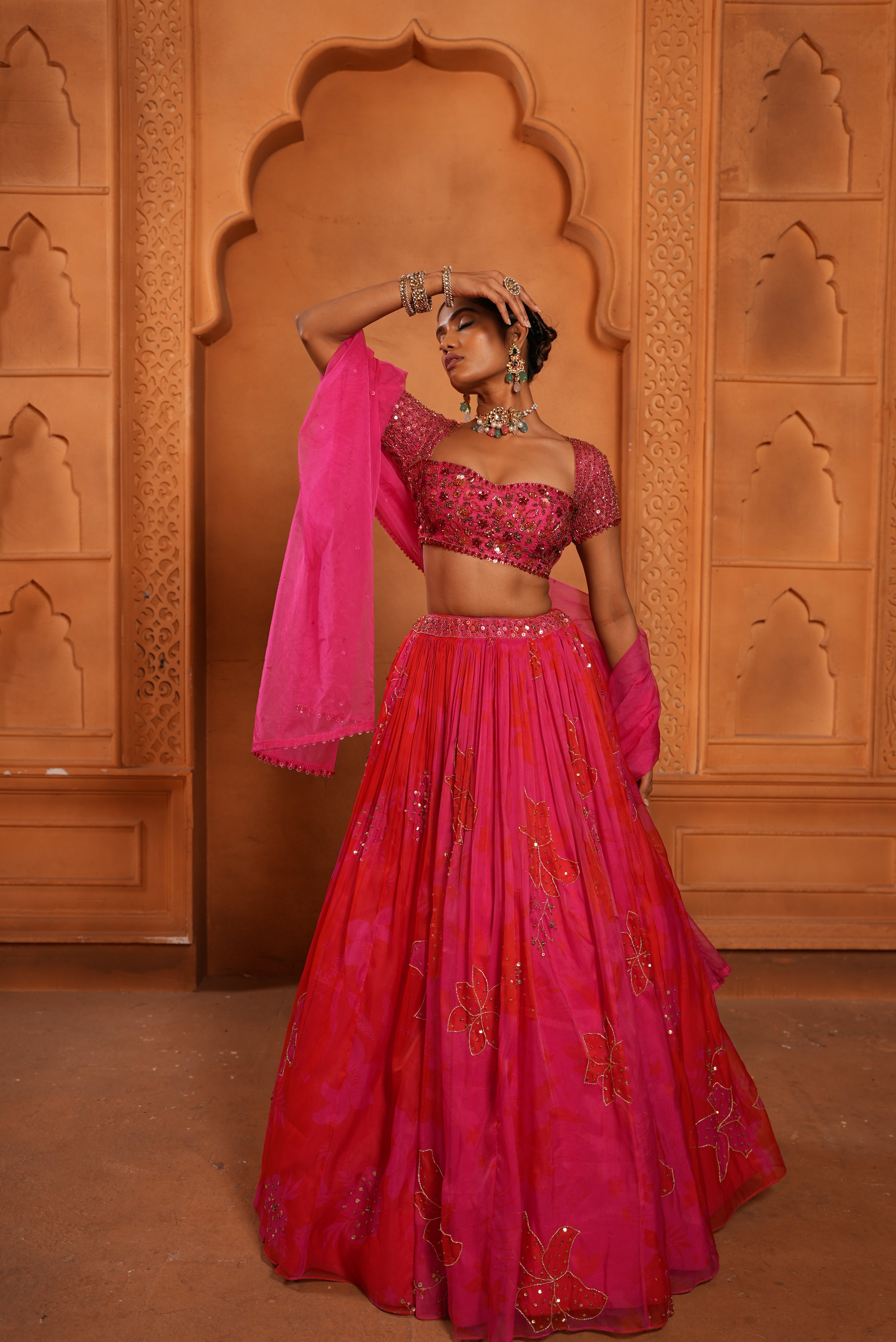 Bright Pink - Red (Printed) Organza Lehenga