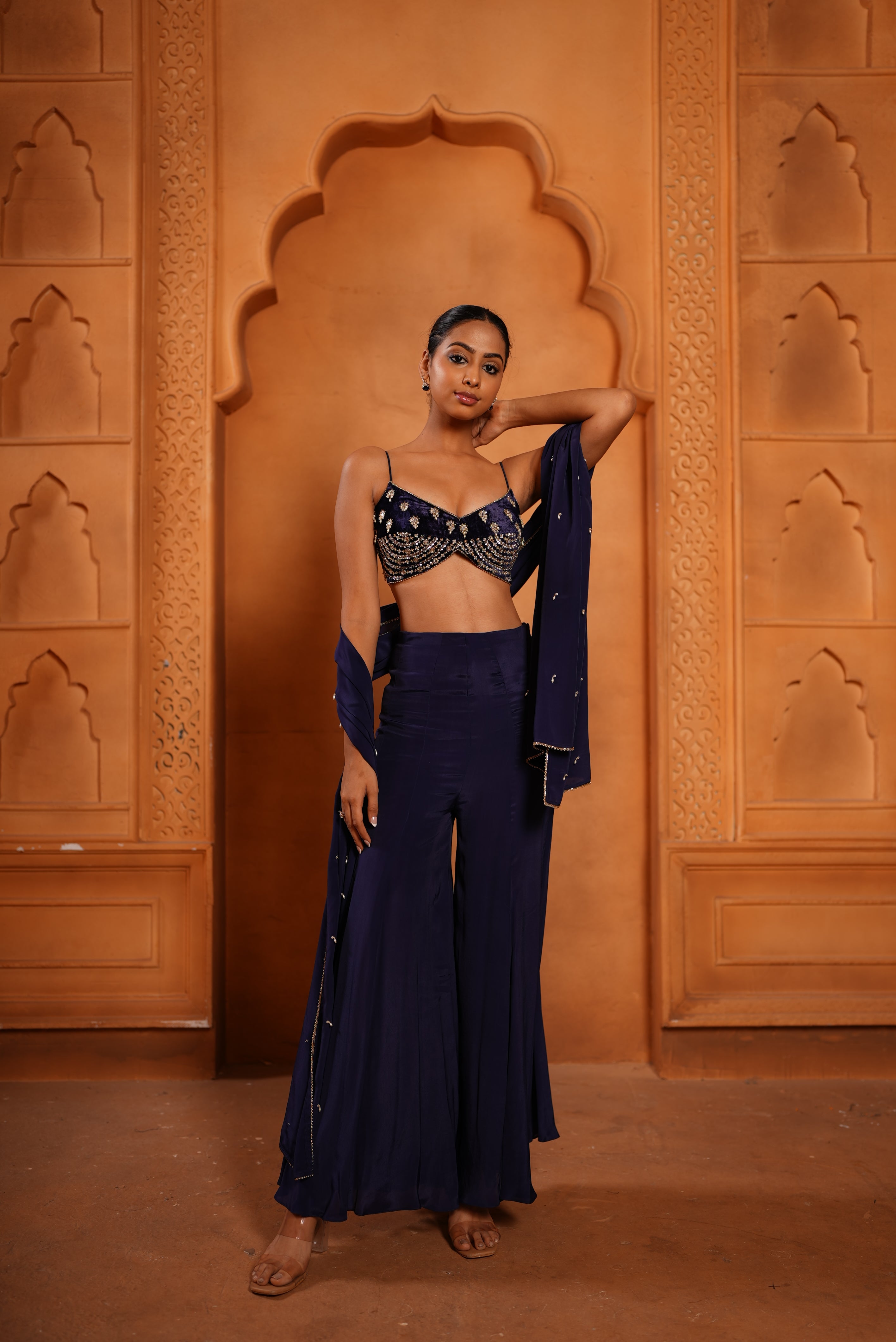 Purpulish Blue Indo-Western sharara (Velvet Bustier/ Bell Bottom/ Duppata)