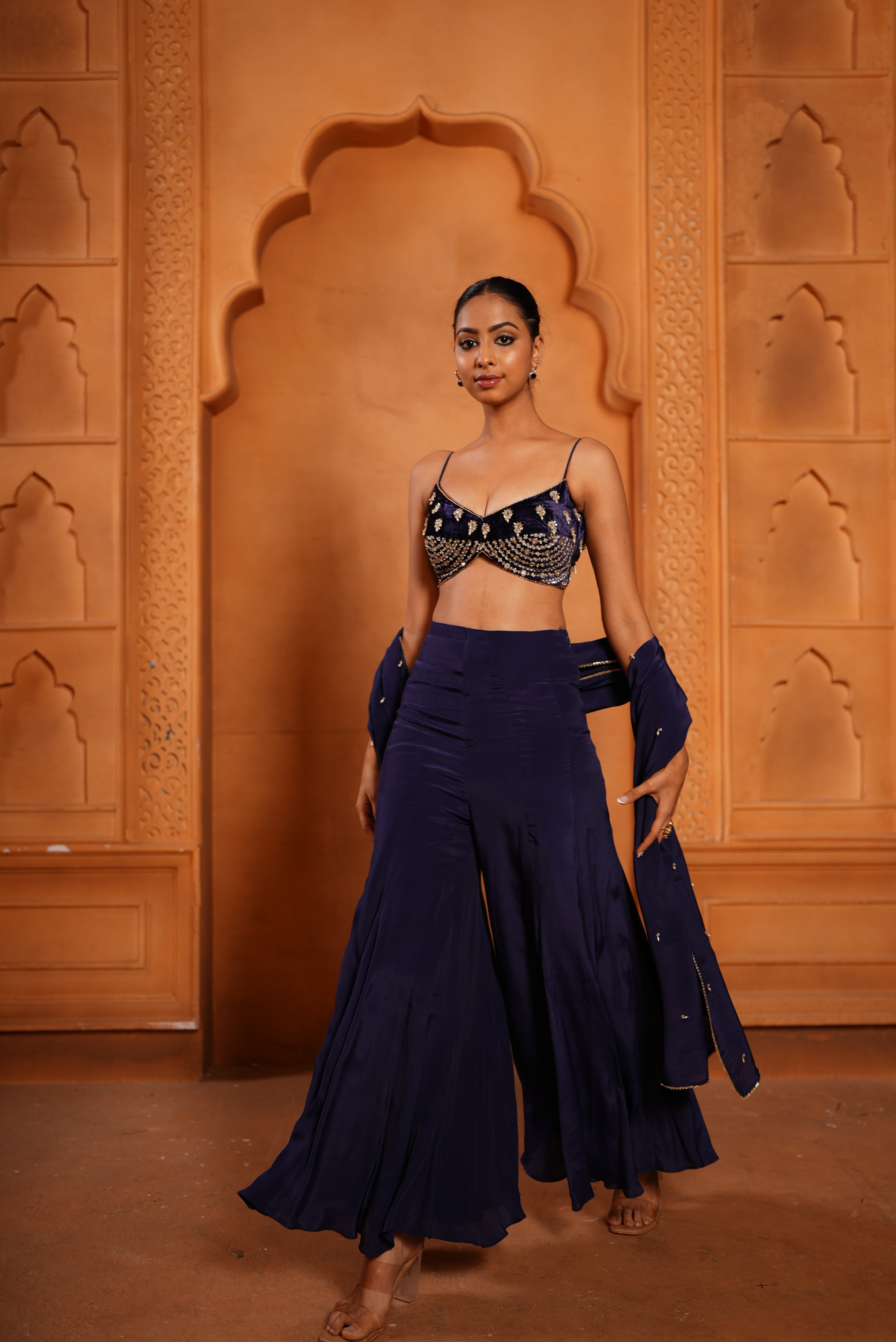 Purpulish Blue Indo-Western sharara (Velvet Bustier/ Bell Bottom/ Duppata)