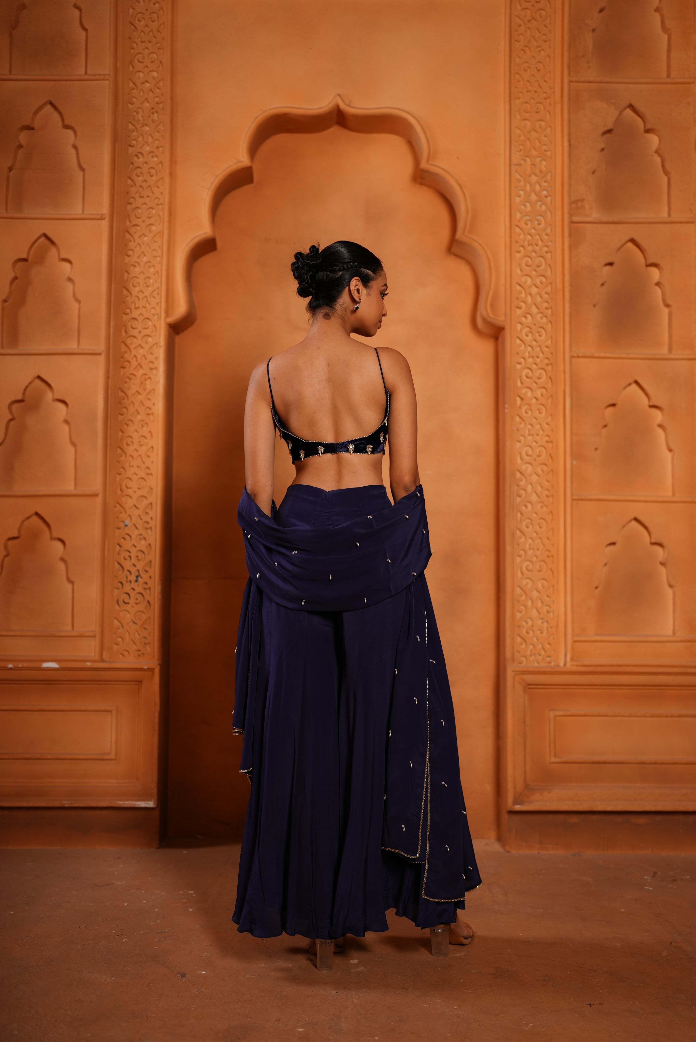 Purpulish Blue Indo-Western sharara (Velvet Bustier/ Bell Bottom/ Duppata)