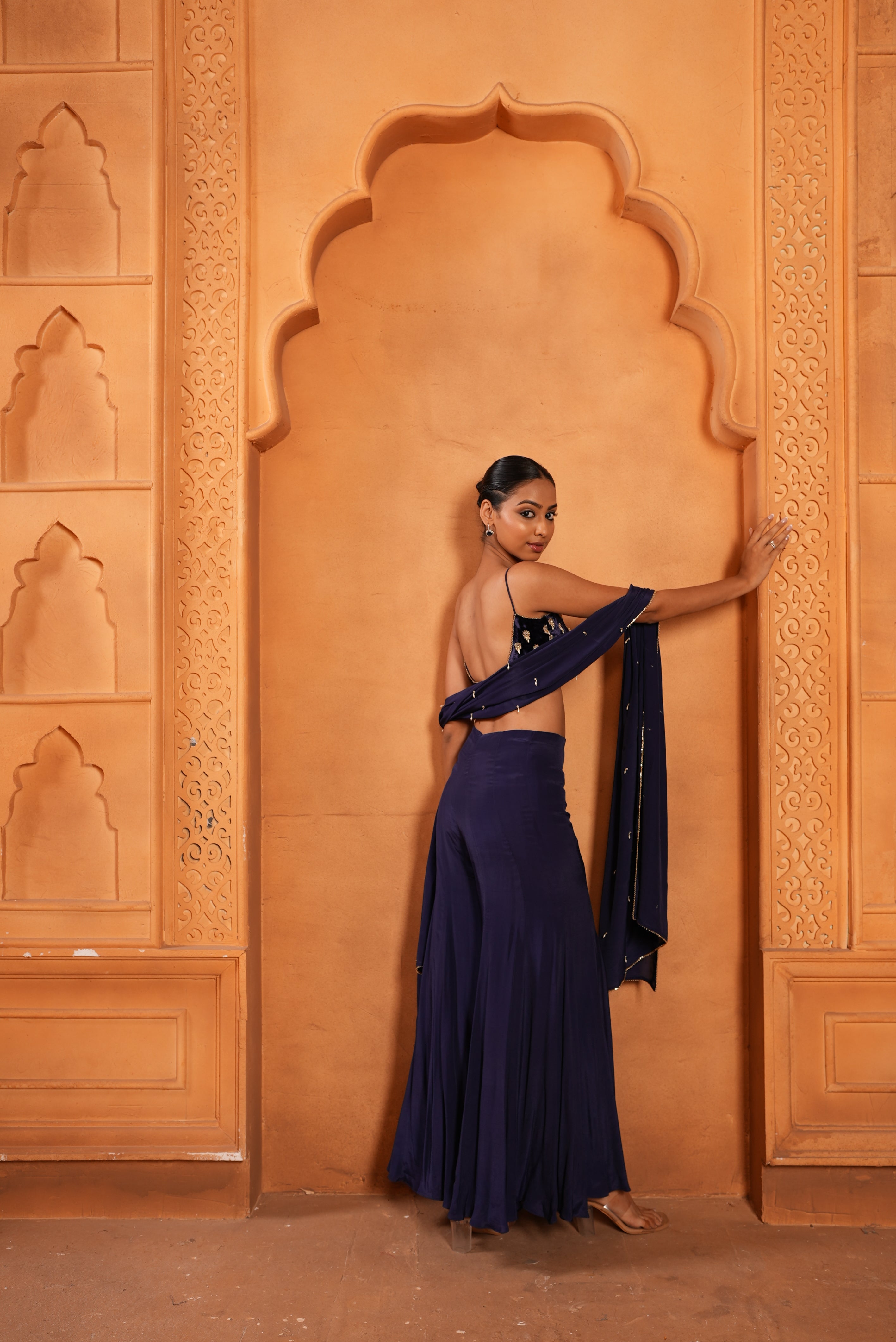 Purpulish Blue Indo-Western sharara (Velvet Bustier/ Bell Bottom/ Duppata)