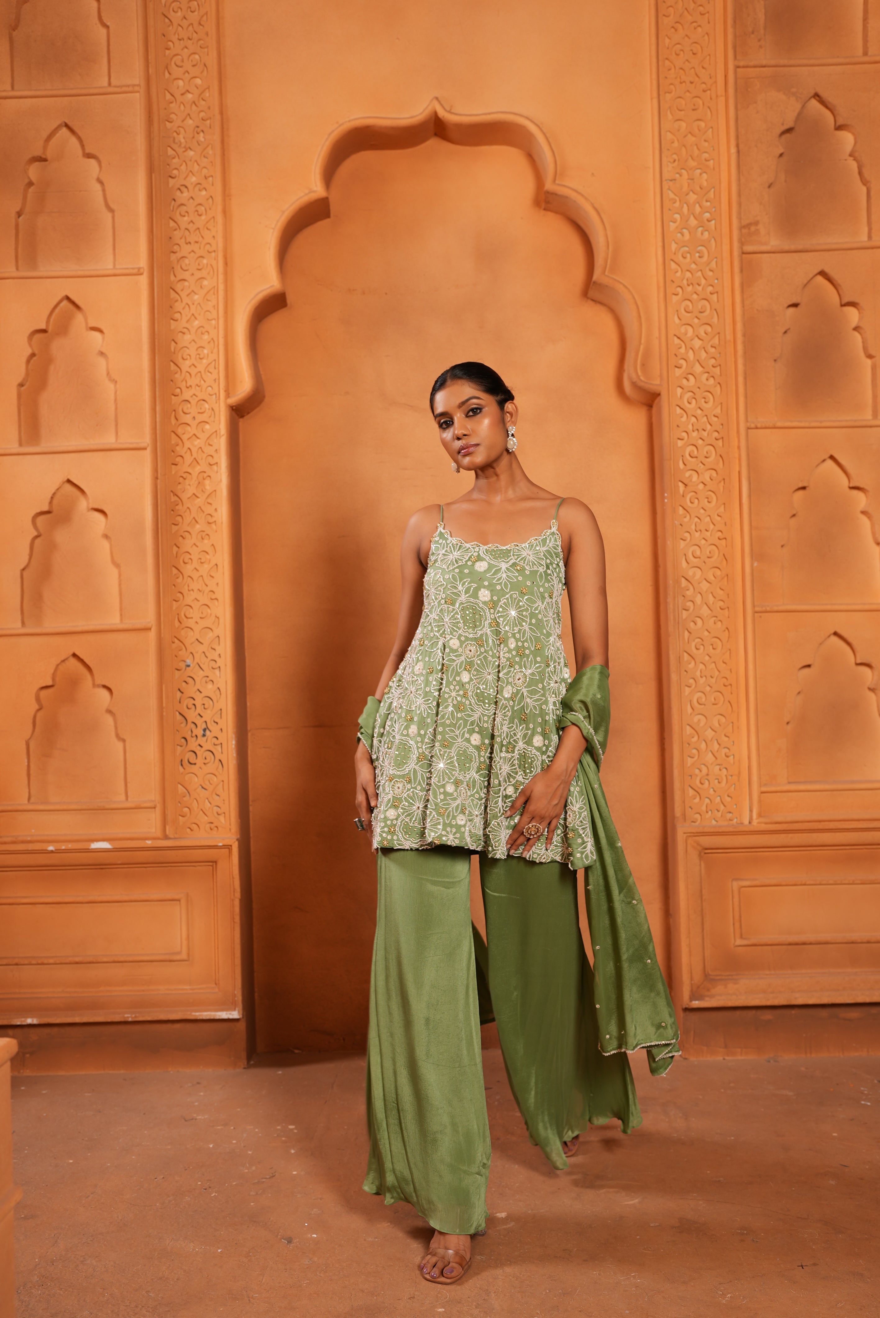 Sea Green (Strap) Top & Bell-Bottom With Dupatta