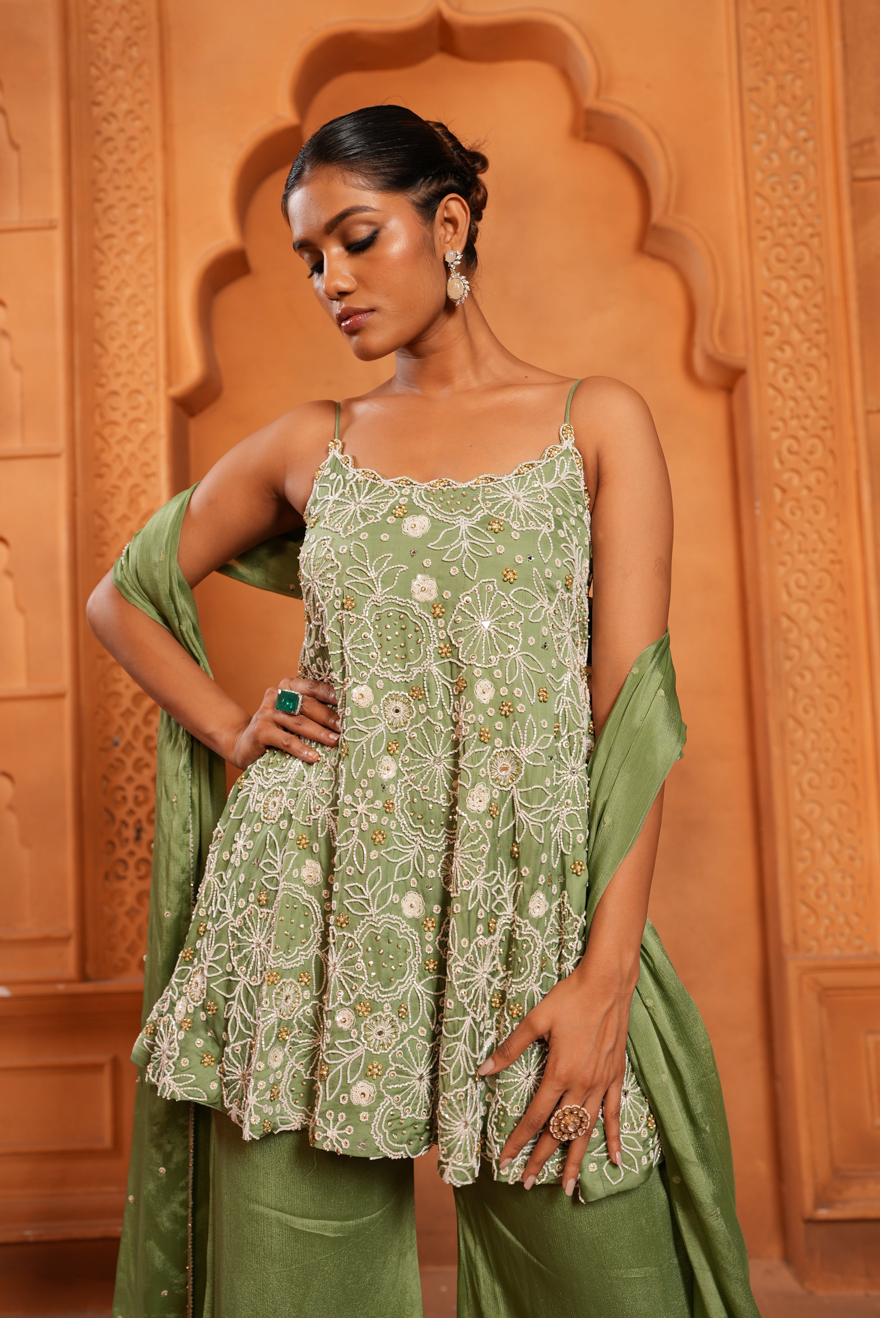Sea Green (Strap) Top & Bell-Bottom With Dupatta