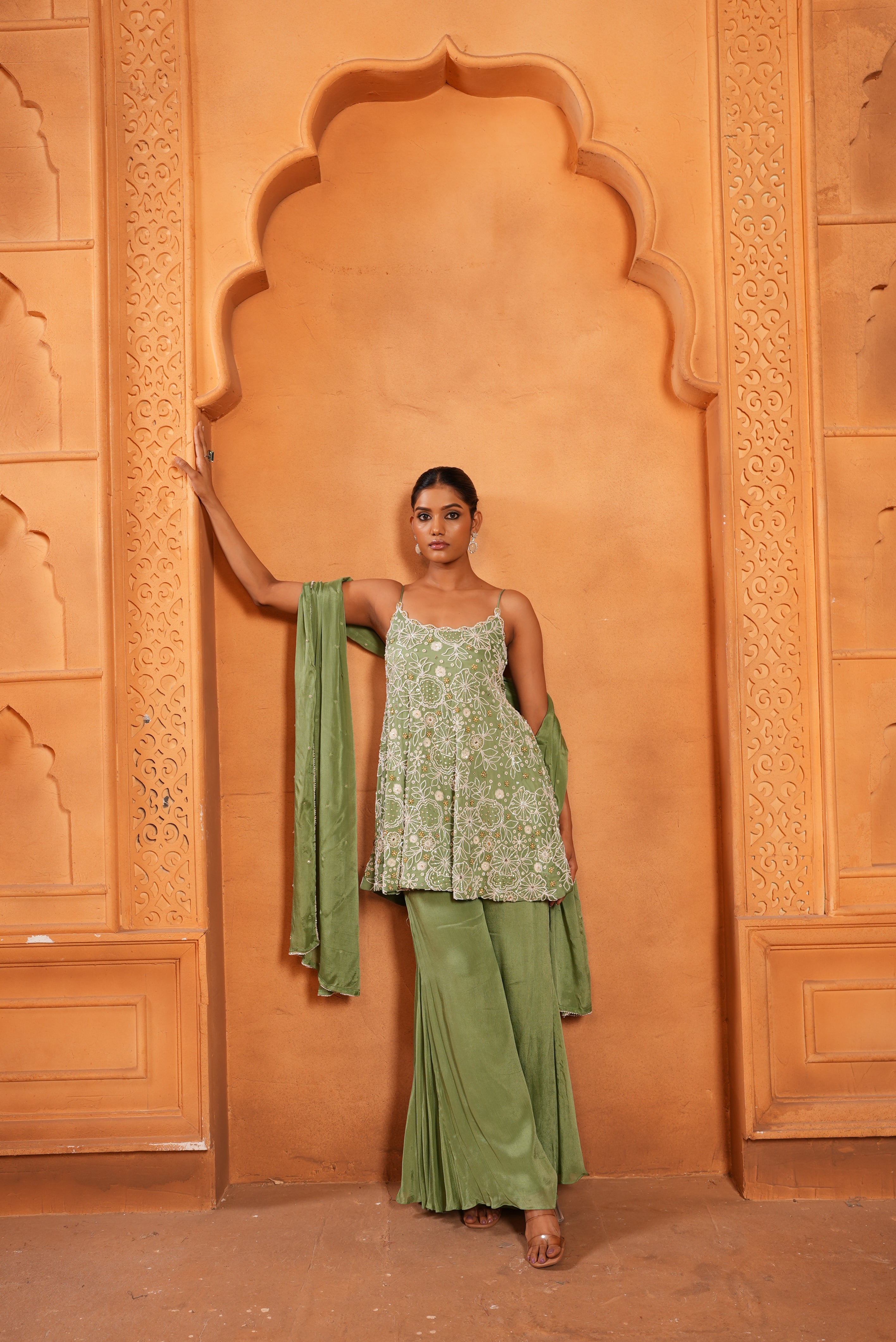 Sea Green (Strap) Top & Bell-Bottom With Dupatta