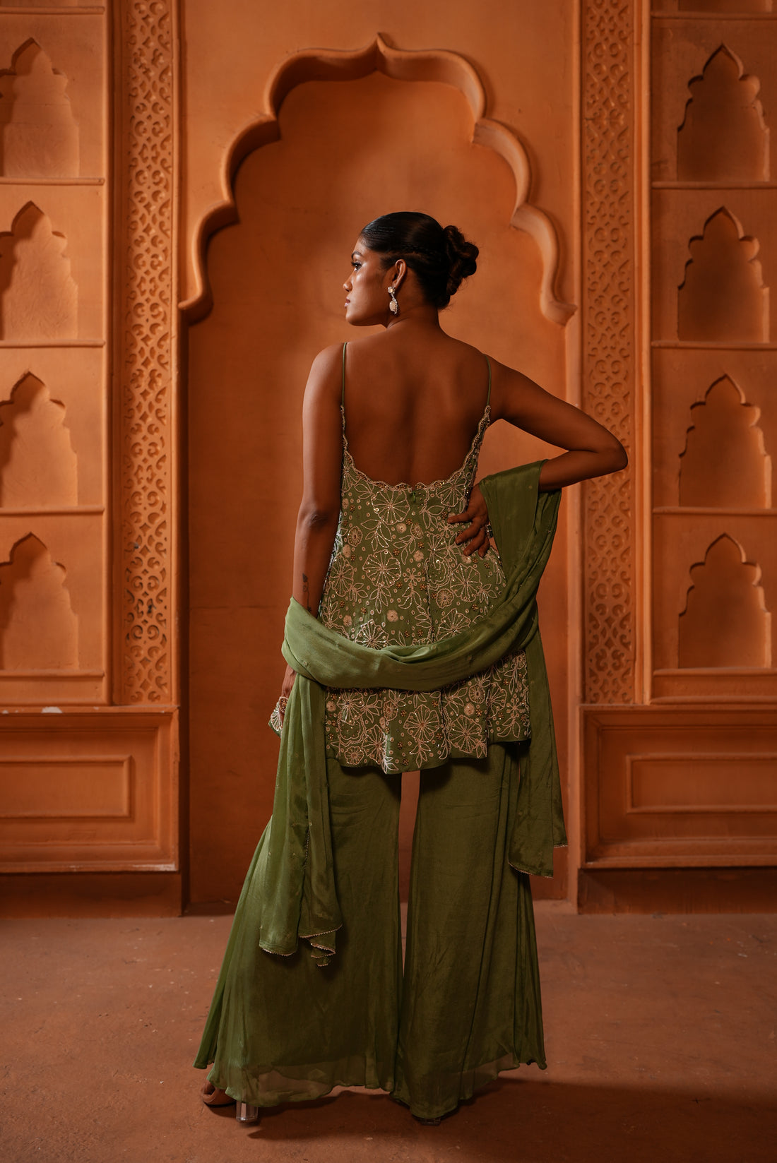 Sea Green (Strap) Top & Bell-Bottom With Dupatta
