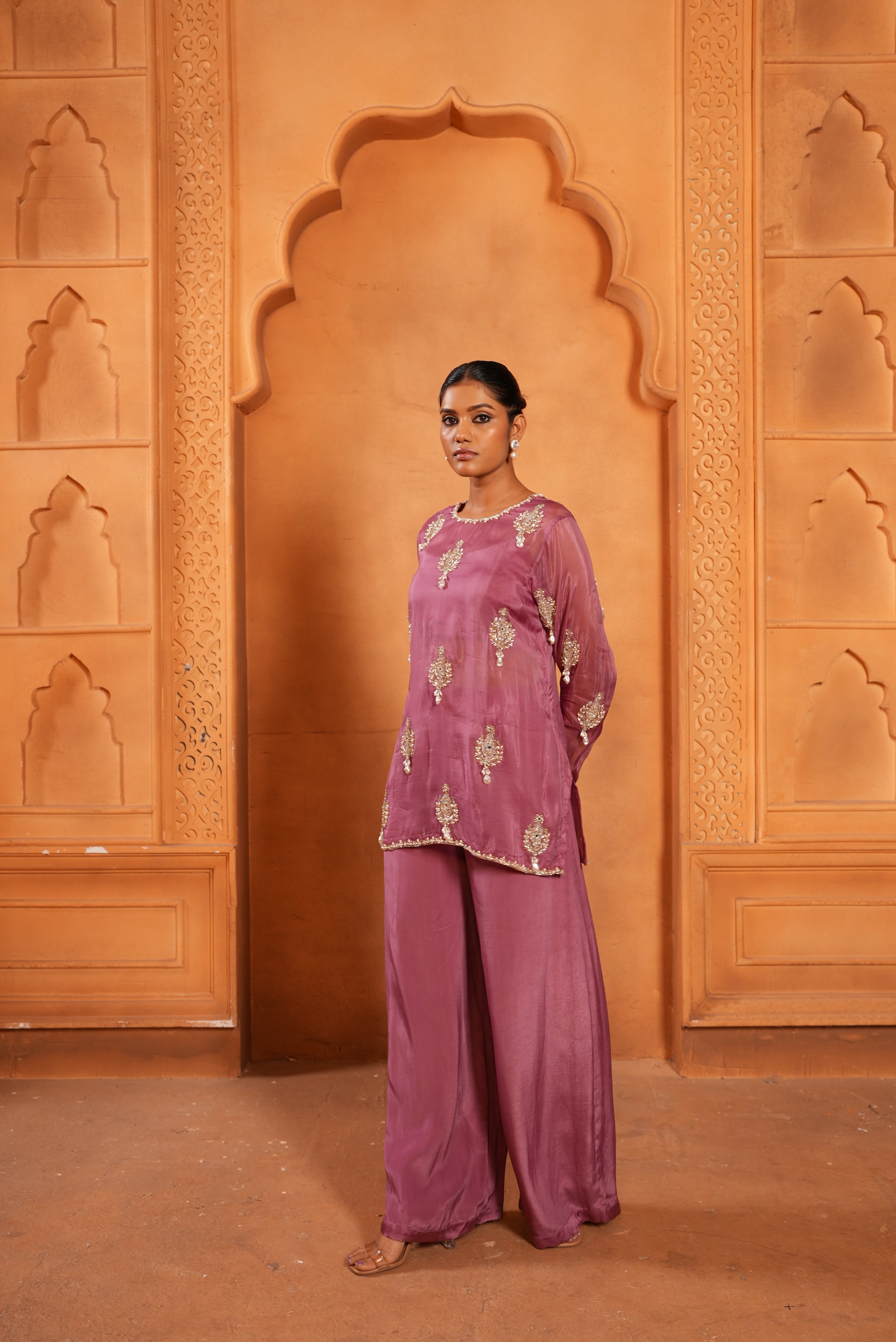 Mulberry Pink (Organza Top/ Bustier/ Bell Bottom) Tunic