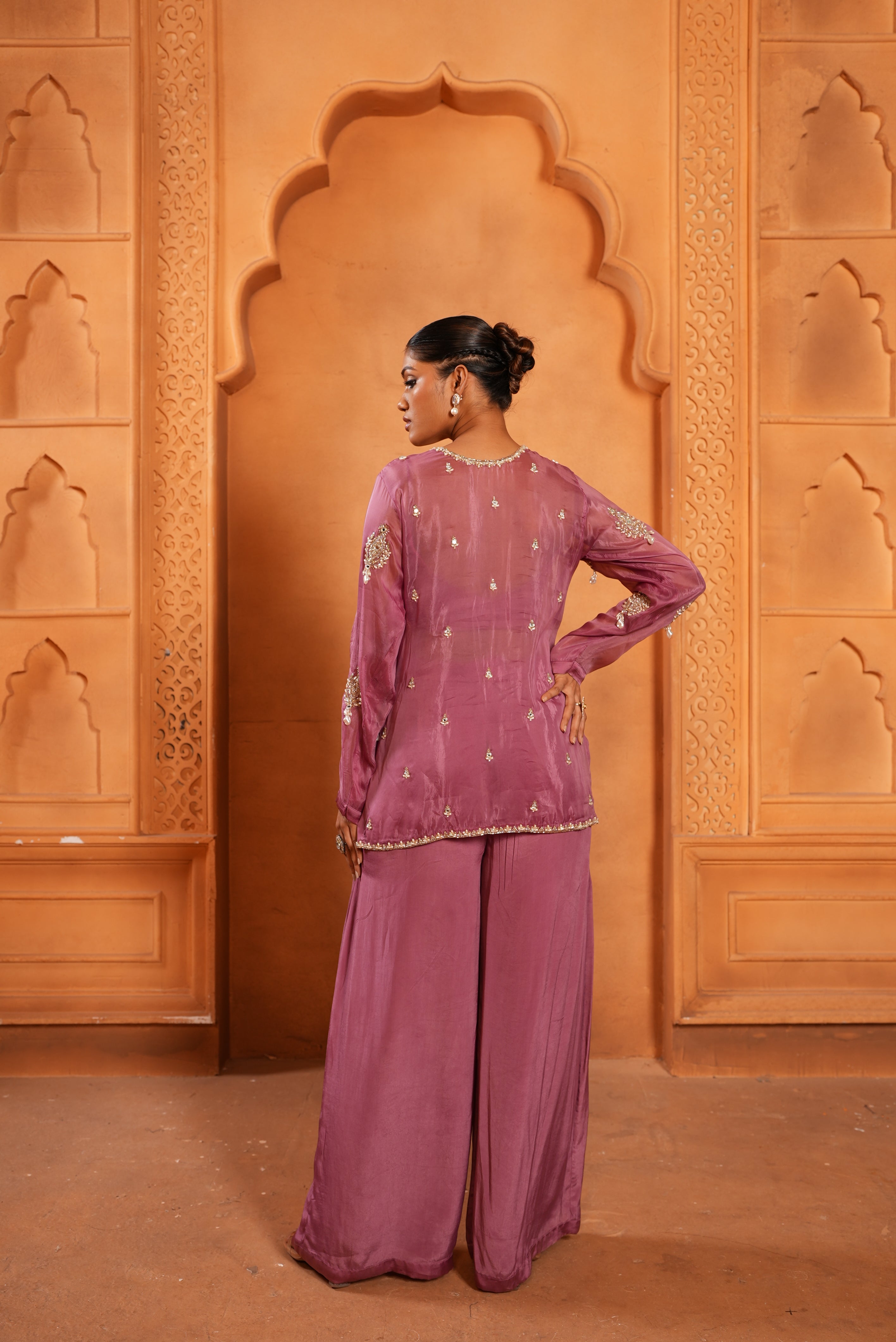 Mulberry Pink (Organza Top/ Bustier/ Bell Bottom) Tunic