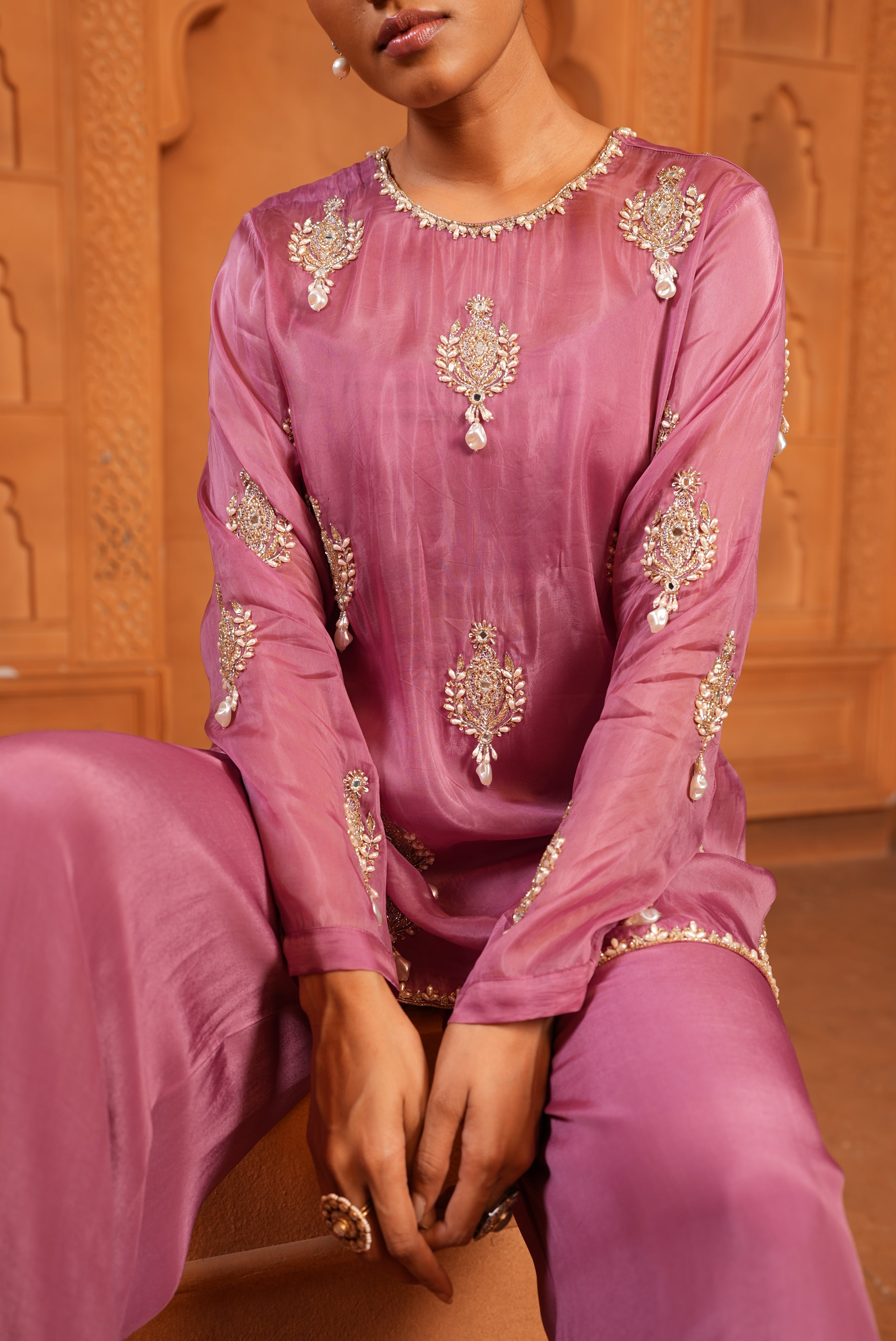 Mulberry Pink (Organza Top/ Bustier/ Bell Bottom) Tunic