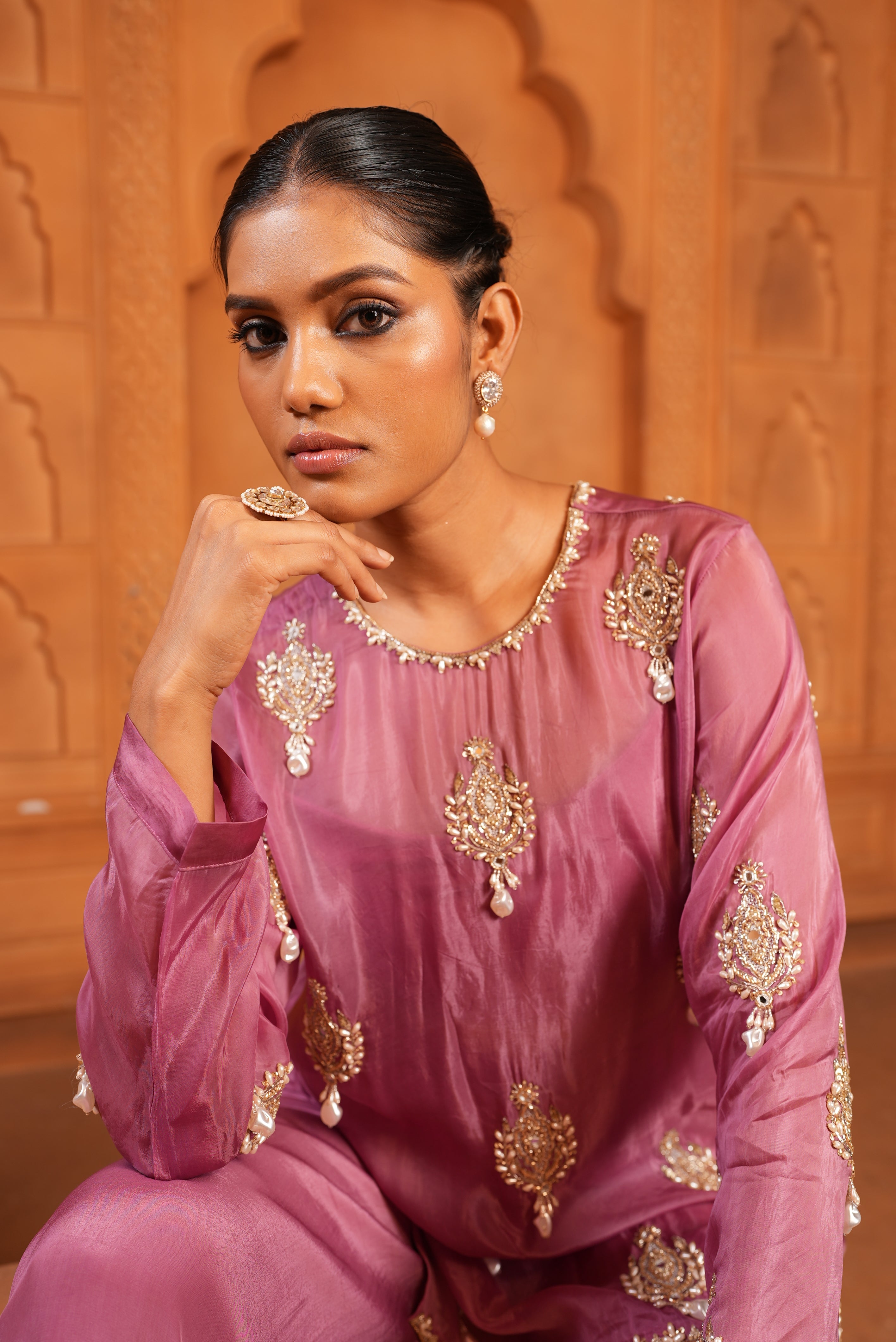 Mulberry Pink (Organza Top/ Bustier/ Bell Bottom) Tunic