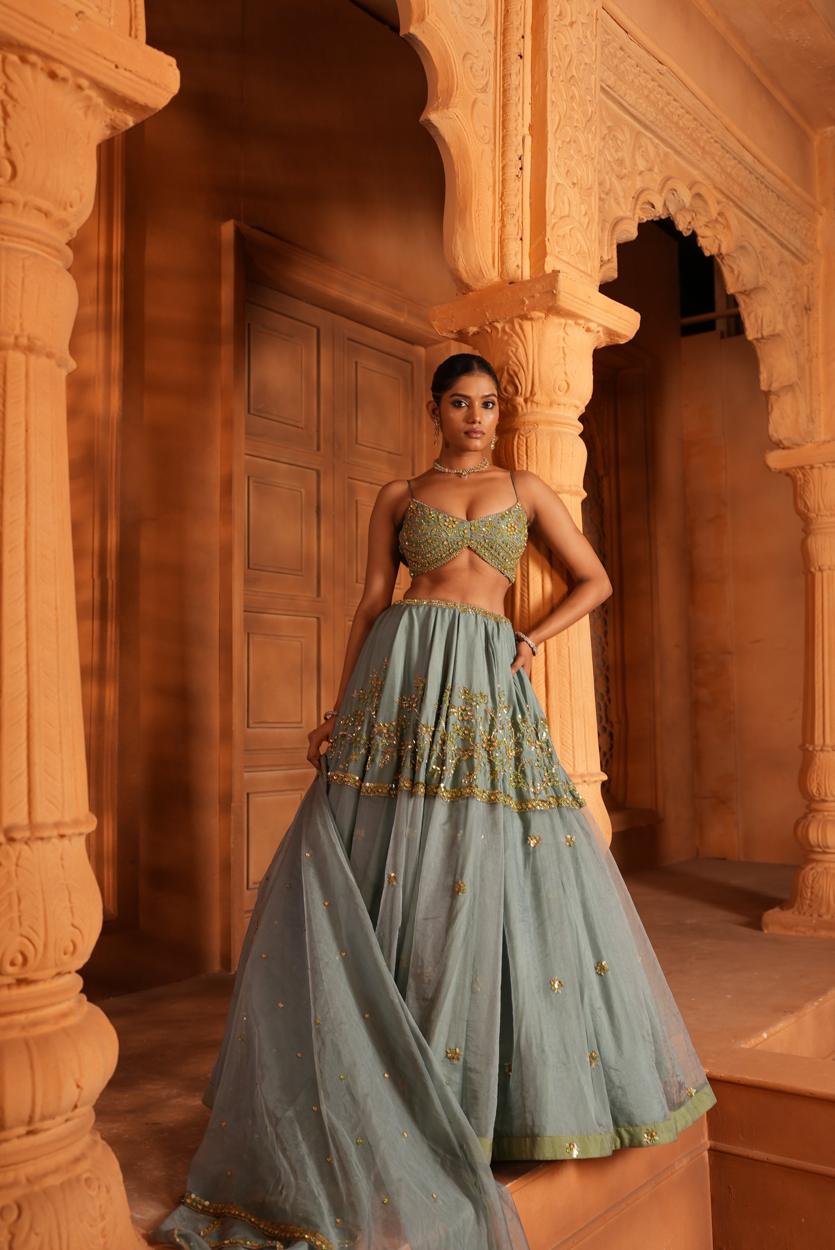 Ocean Blue (Half Organza - Half Silk Flair) Lehenga