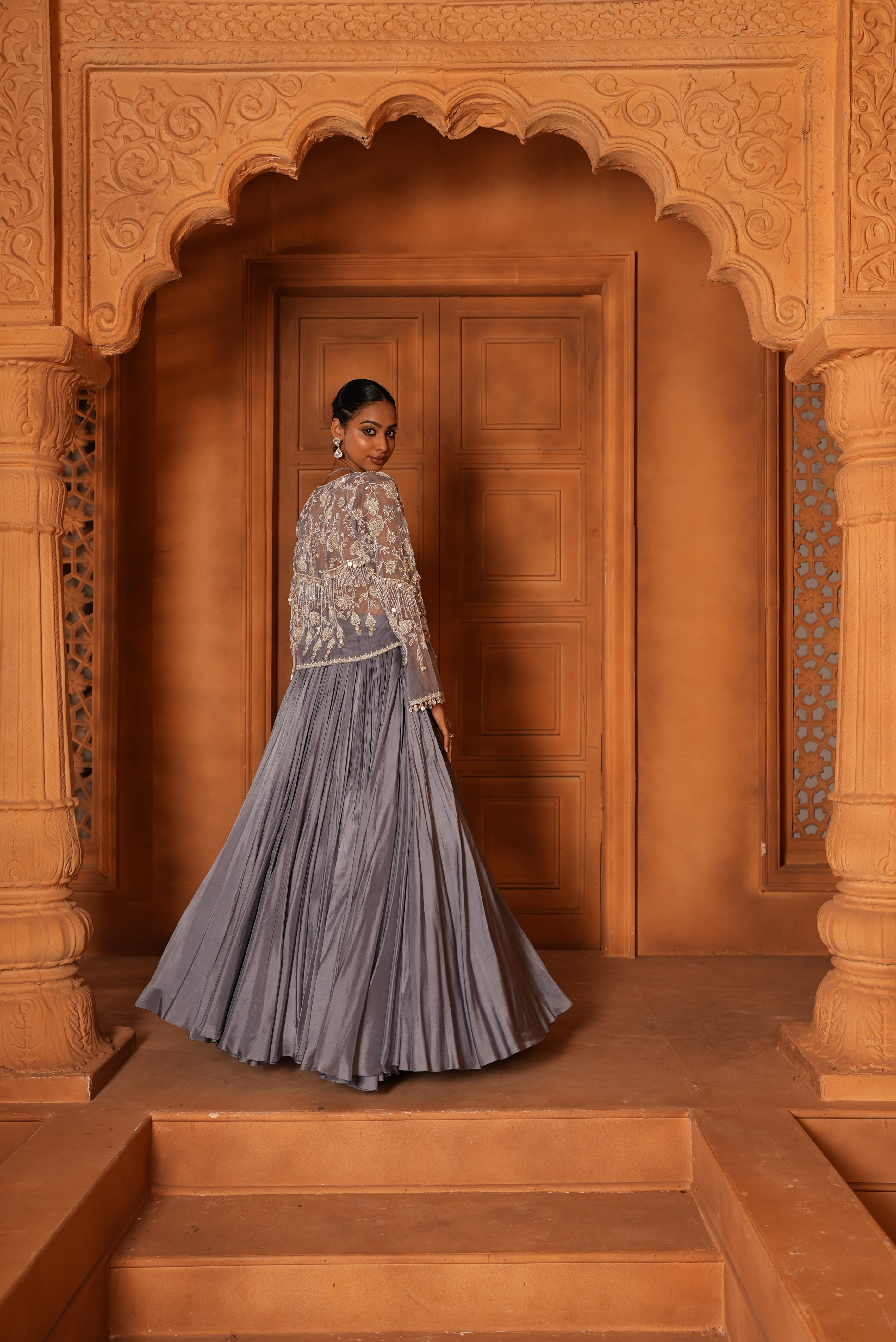 Powder Blue Lehenga With Short Heavy Jacket