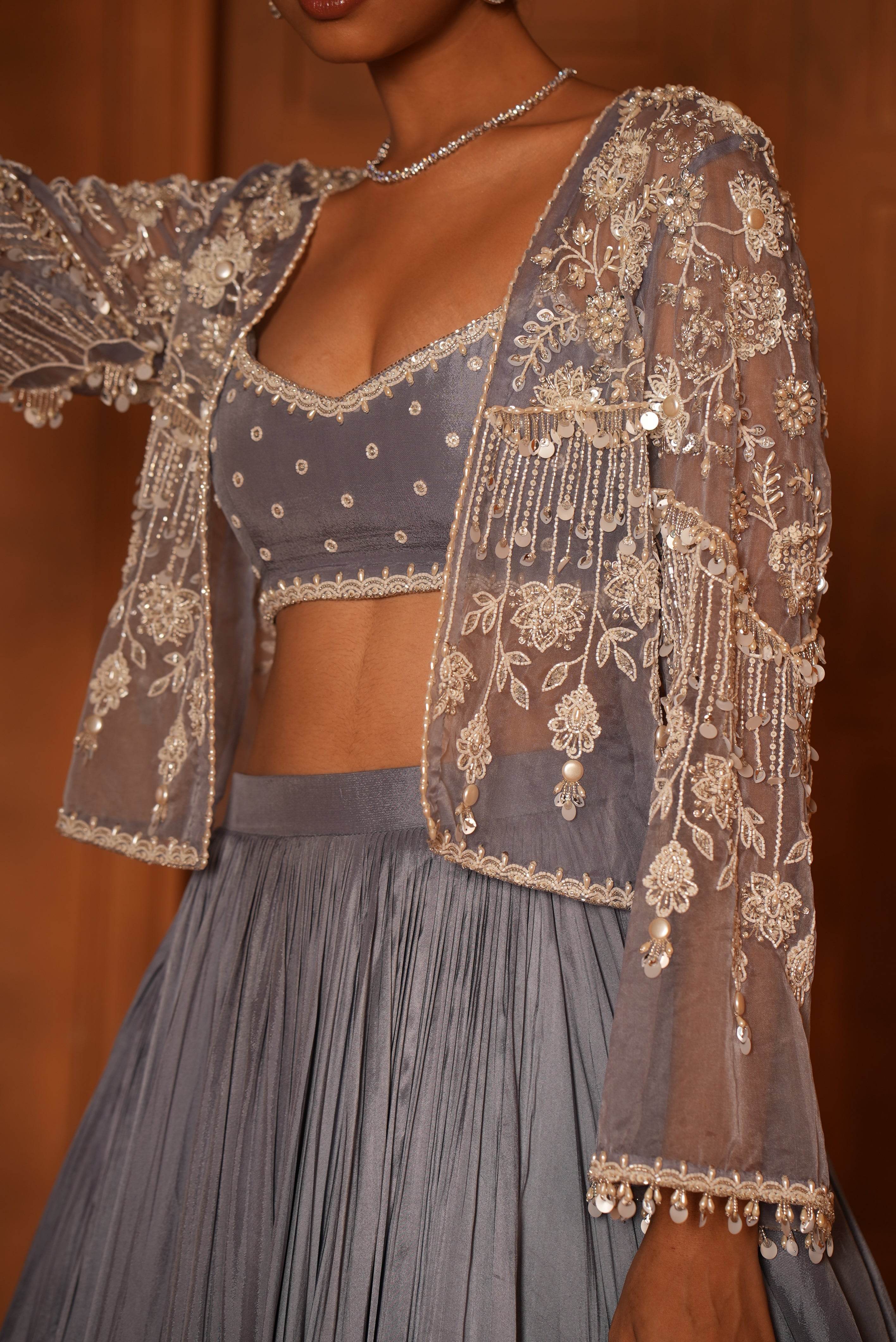 Powder Blue Lehenga With Short Heavy Jacket