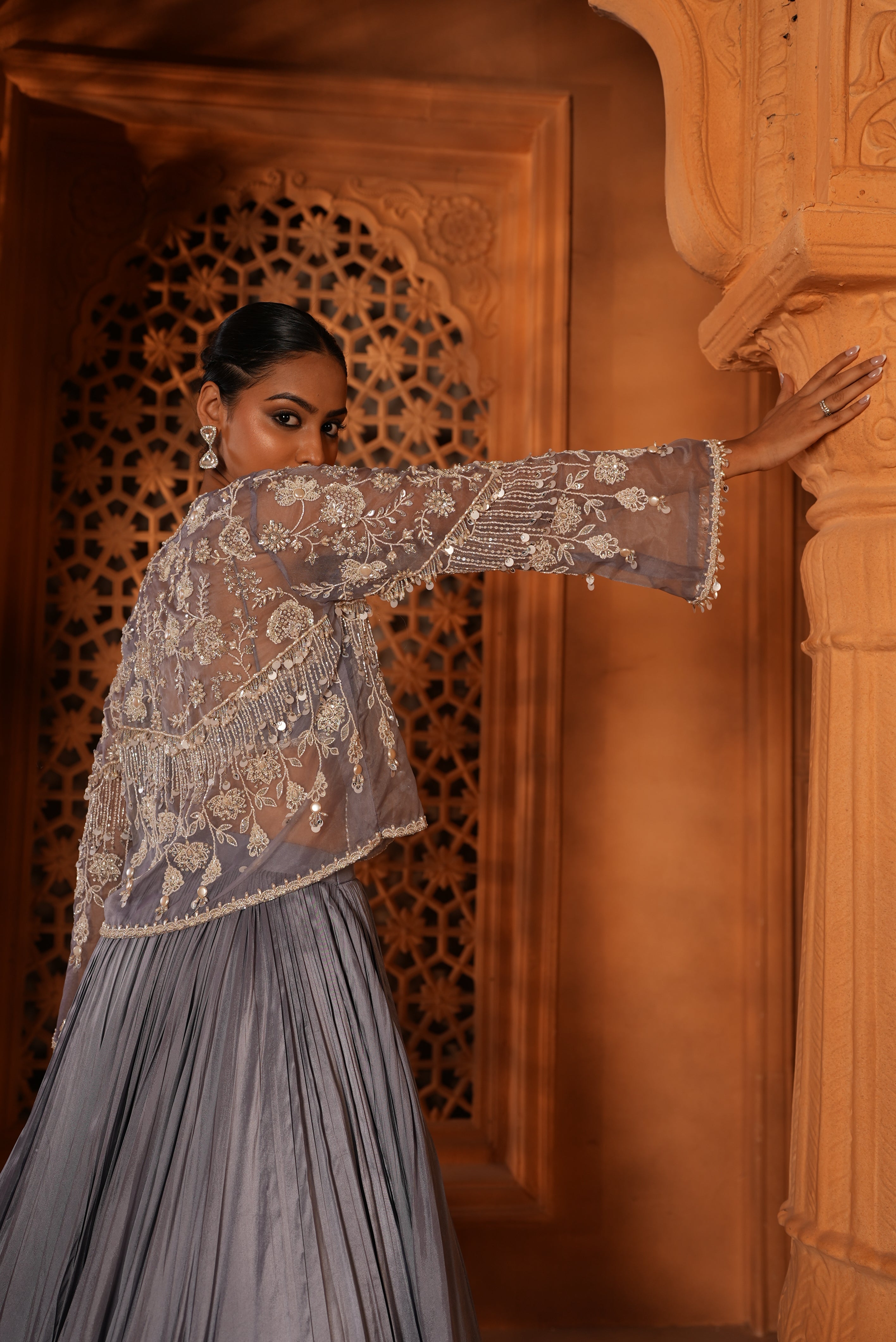 Powder Blue Lehenga With Short Heavy Jacket