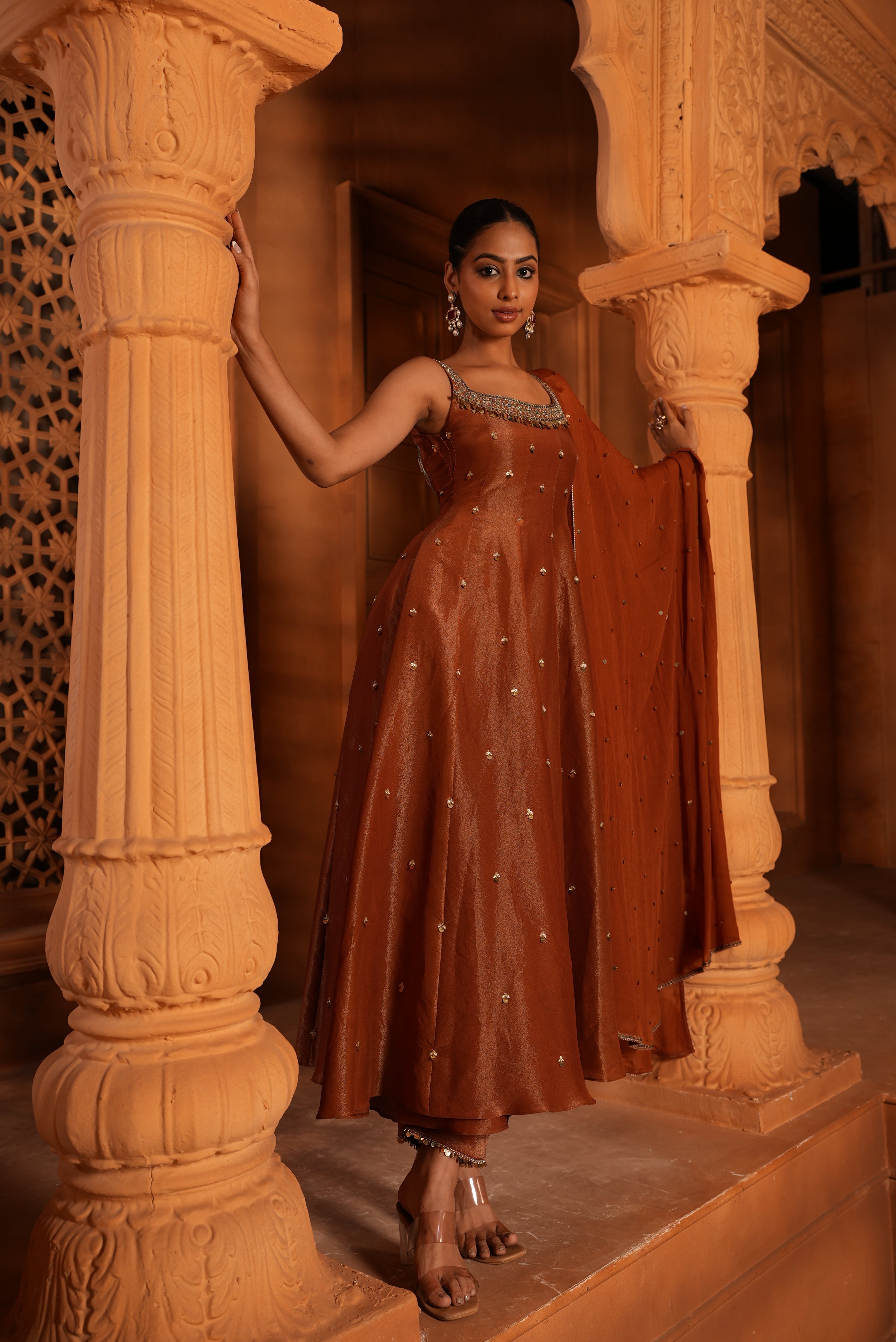 Mitti Brown Zari Dress With Pants