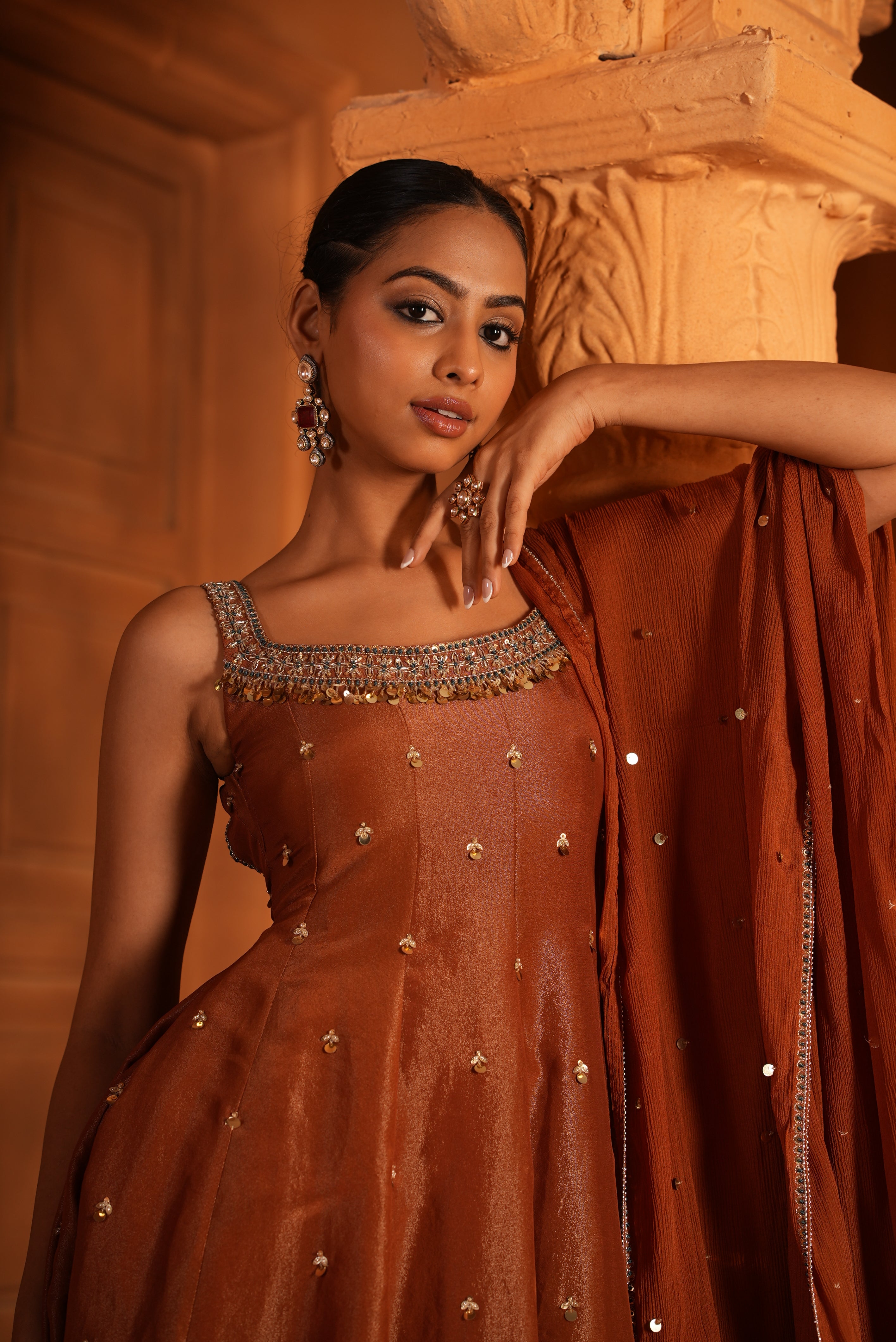 Mitti Brown Zari Dress With Pants