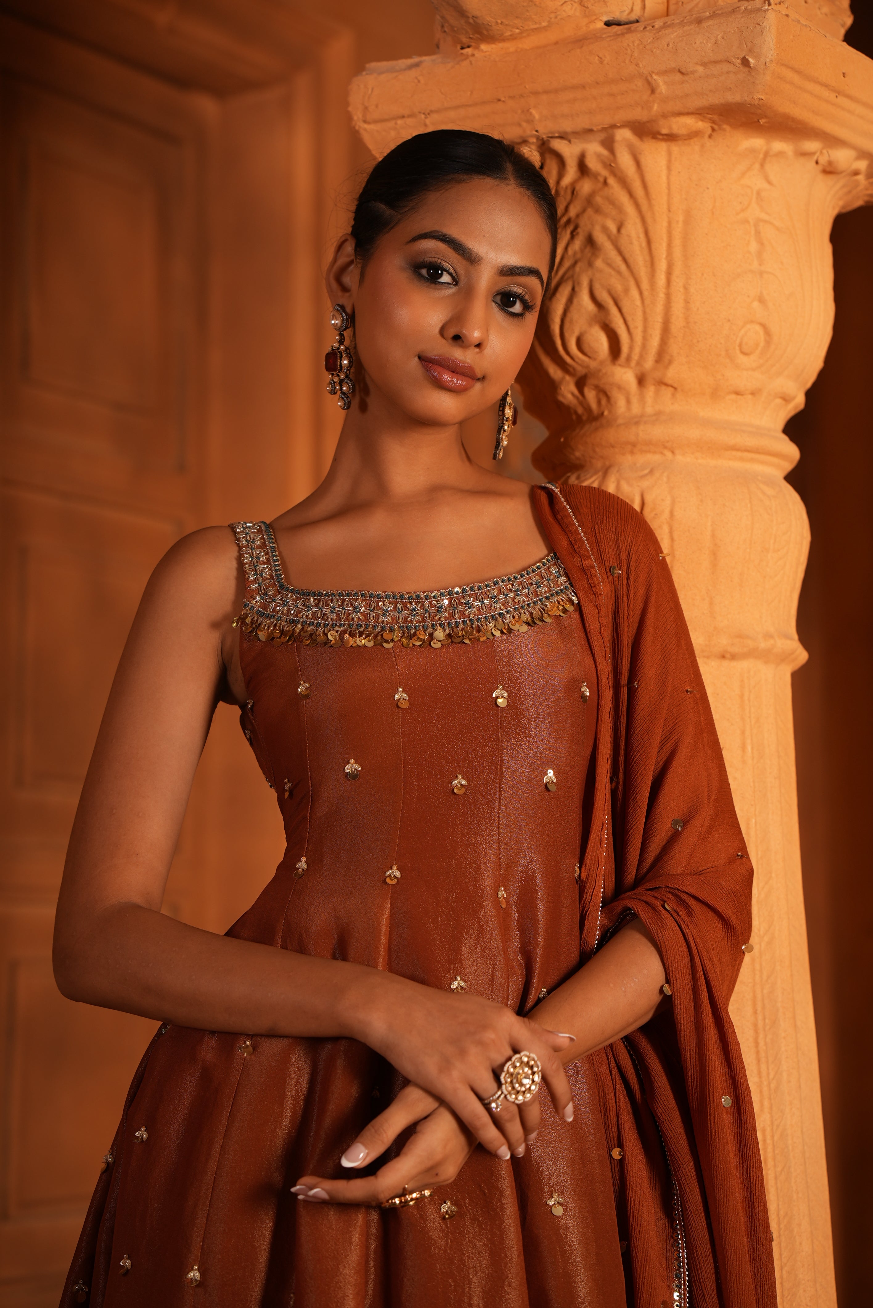 Mitti Brown Zari Dress With Pants