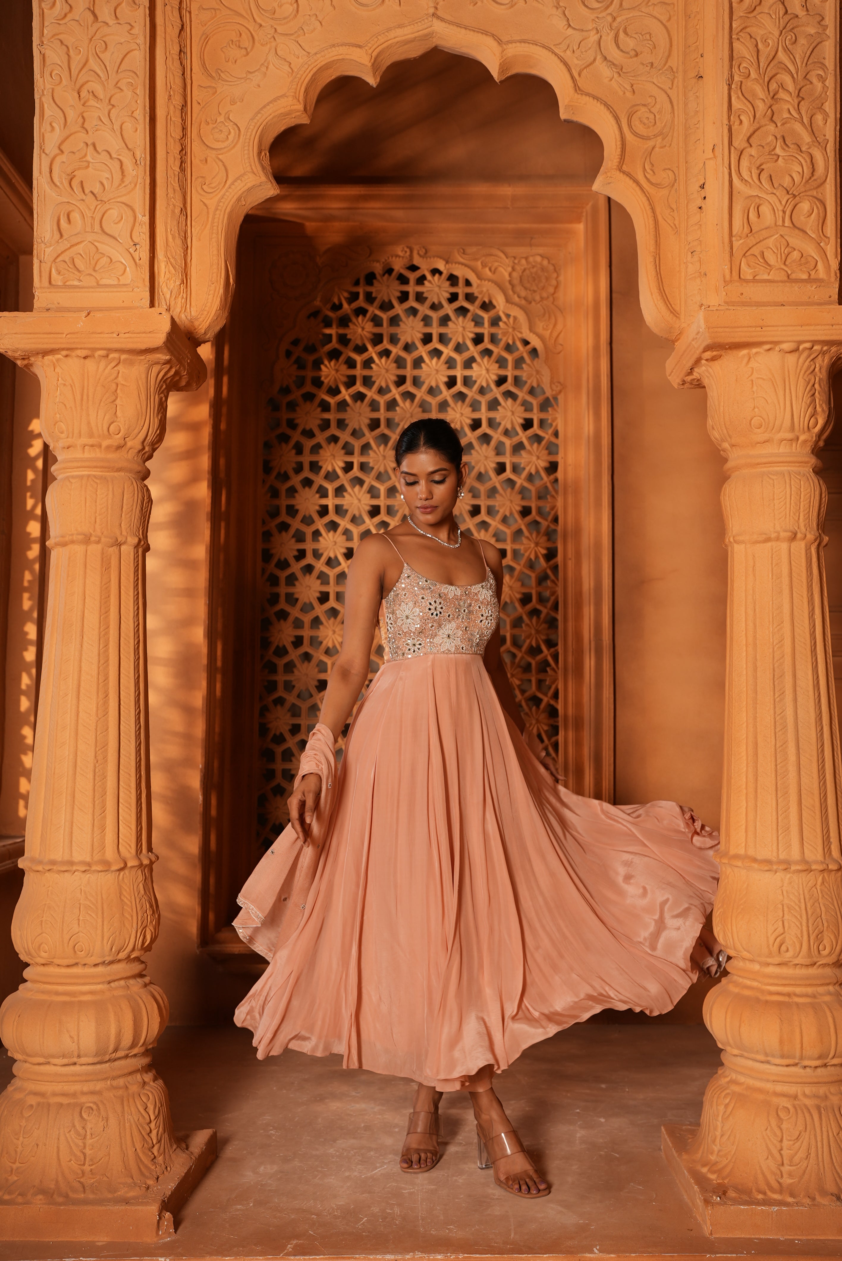 Blush Pink (Strap) Anarkali Dress With Pants
