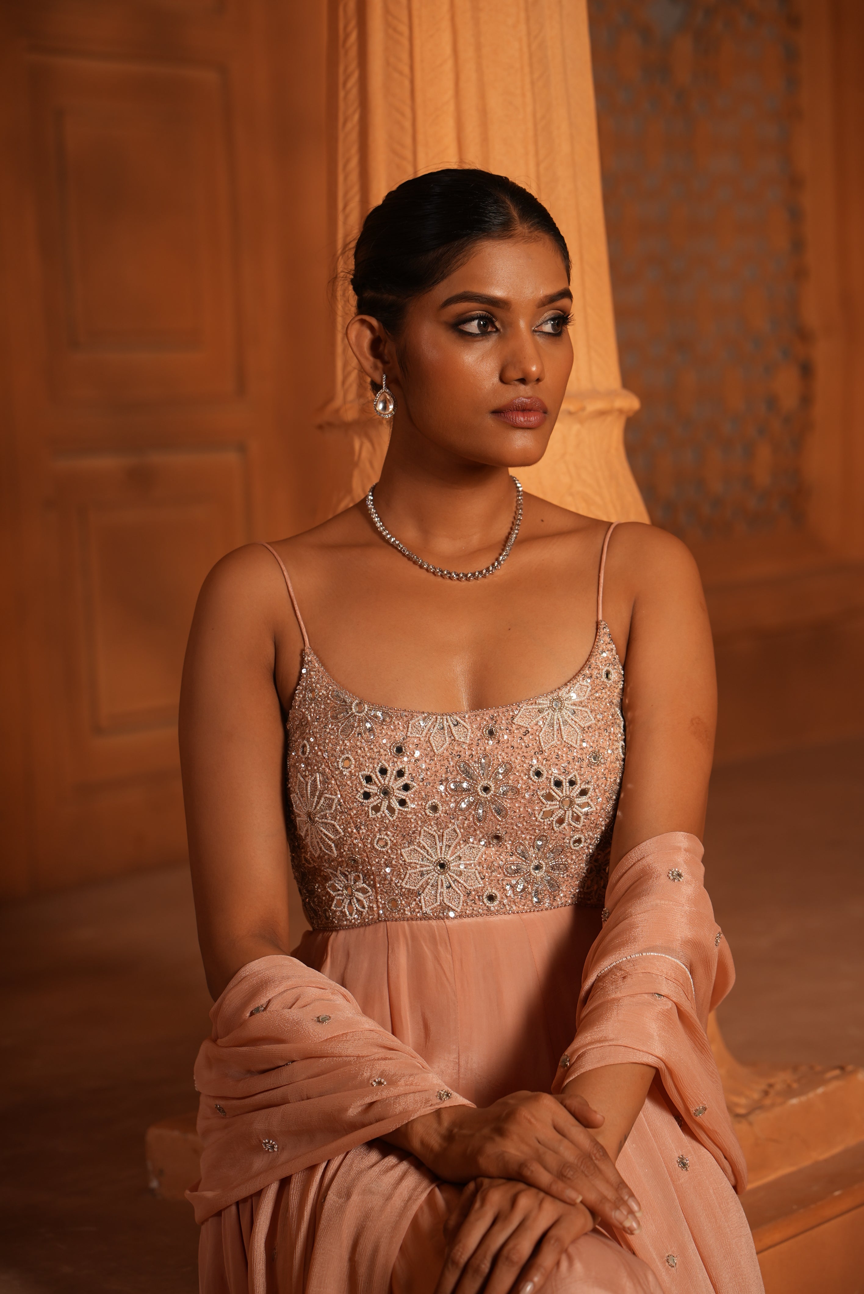 Blush Pink (Strap) Anarkali Dress With Pants