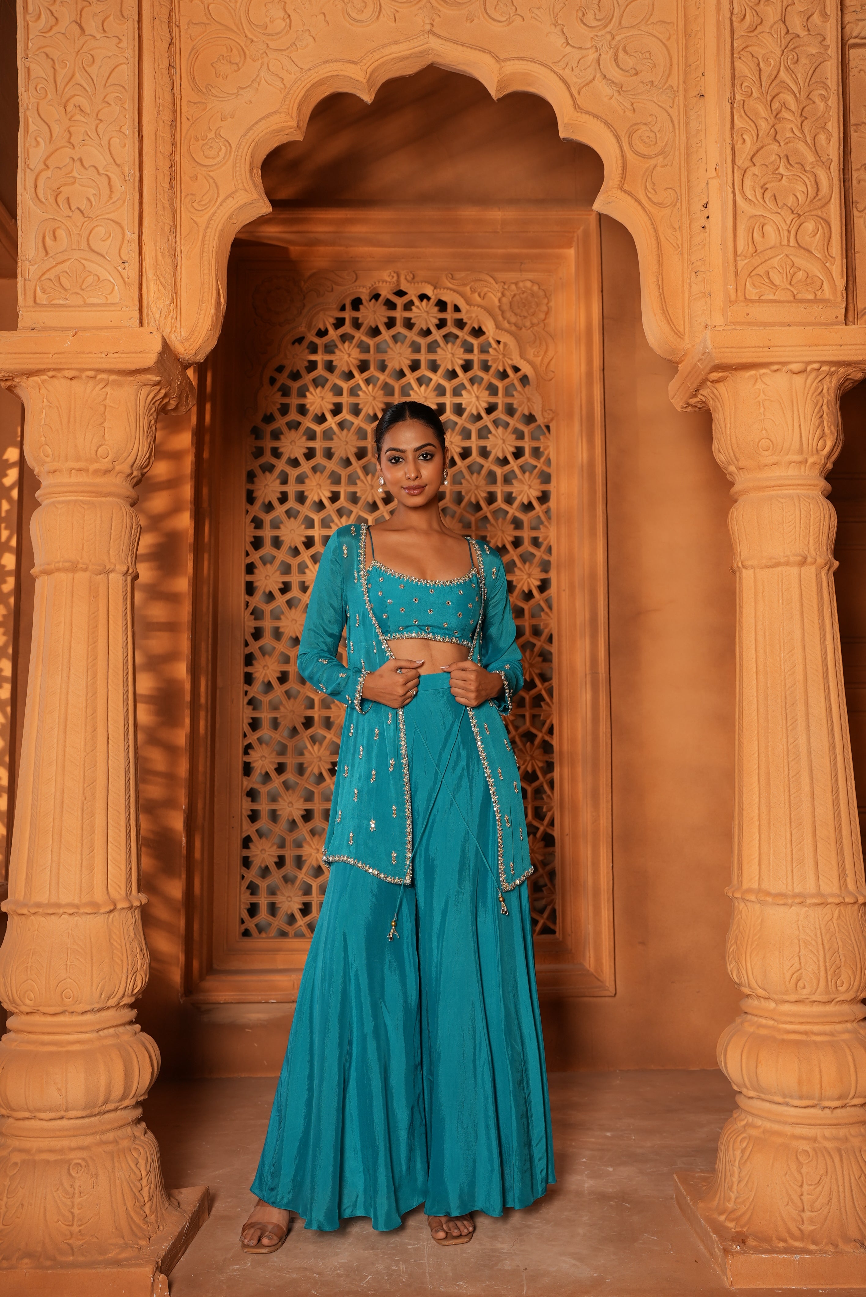Bright Sky Blue Sharara Set With Jacket
