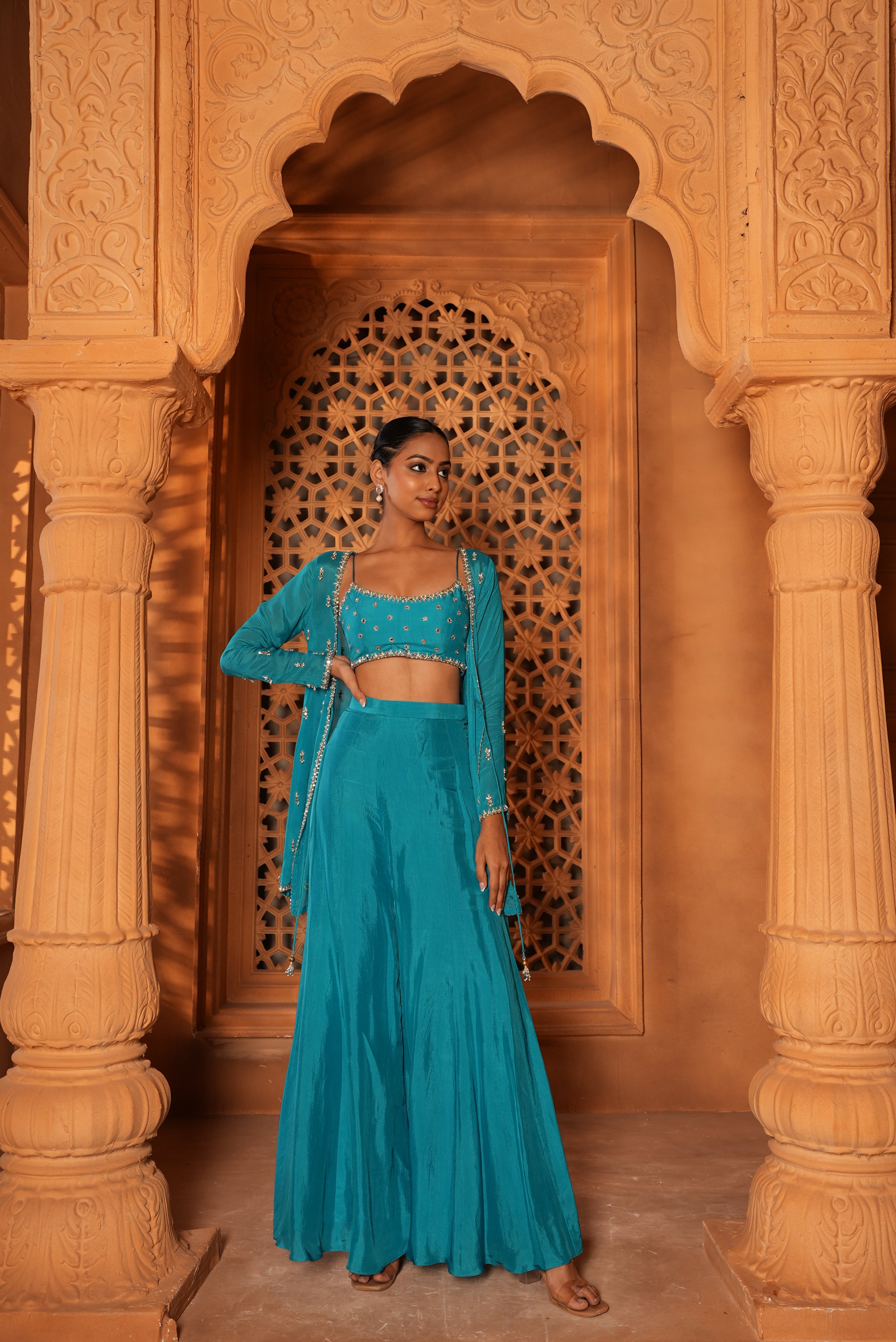 Bright Sky Blue Sharara Set With Jacket
