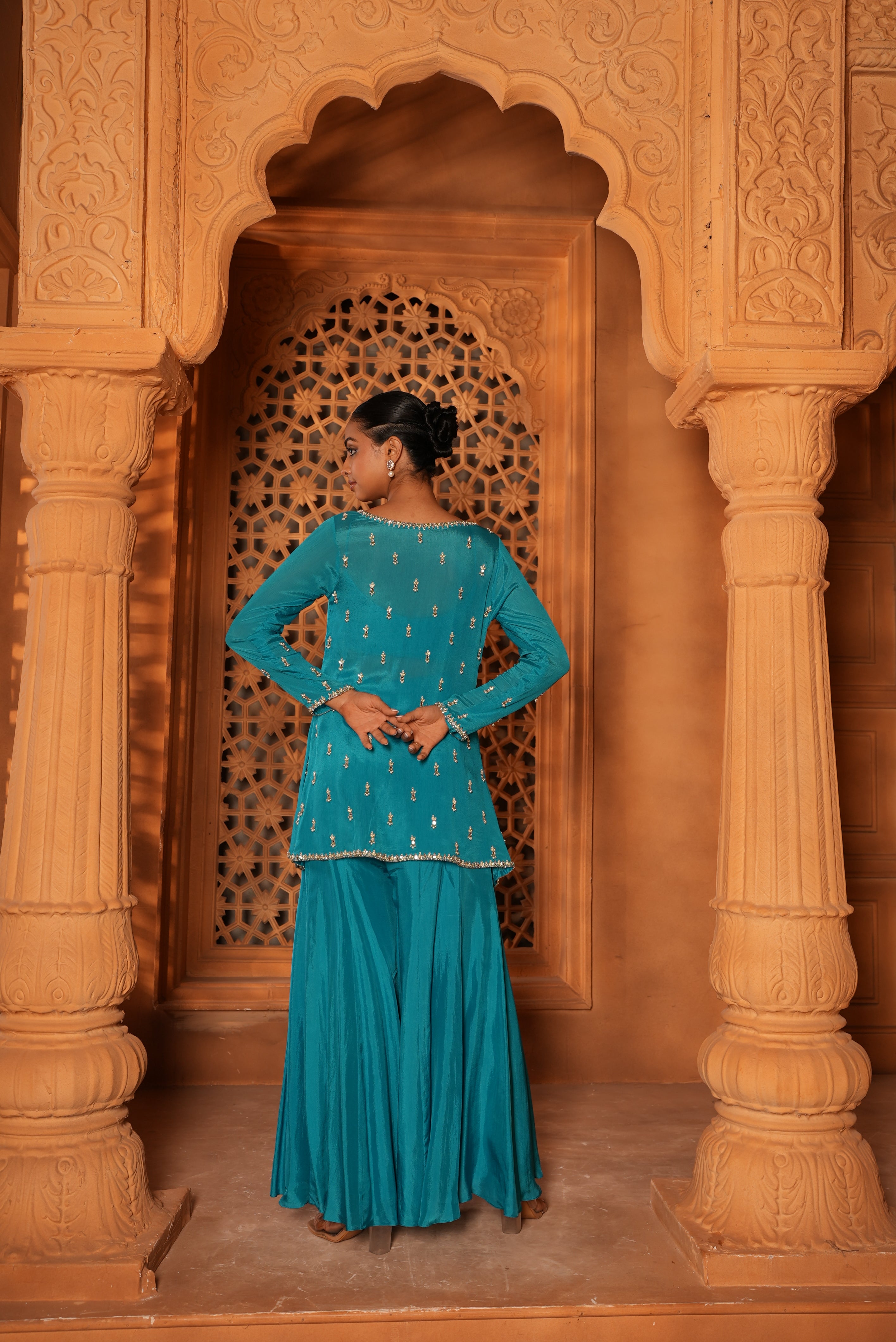 Bright Sky Blue Sharara Set With Jacket