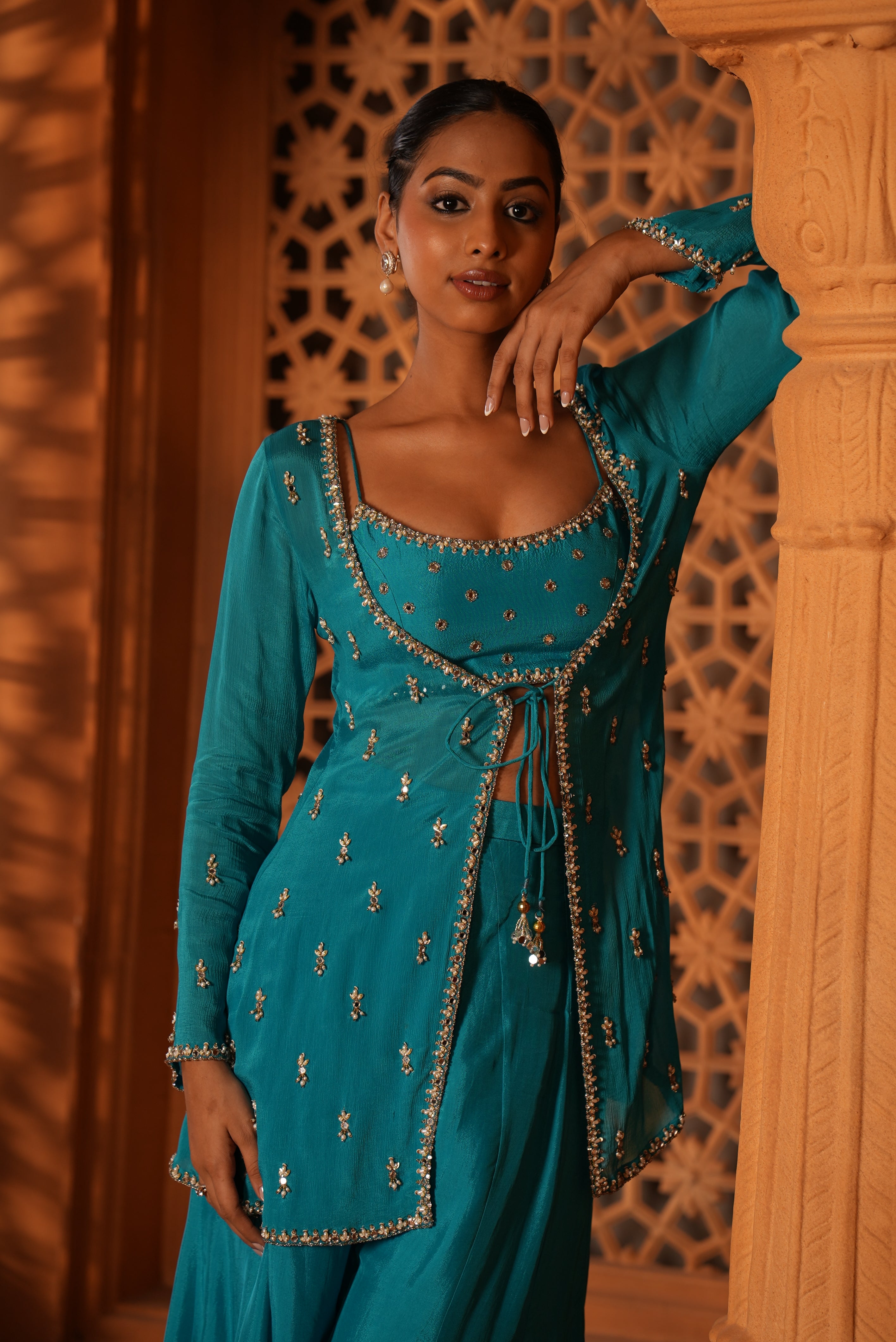 Bright Sky Blue Sharara Set With Jacket