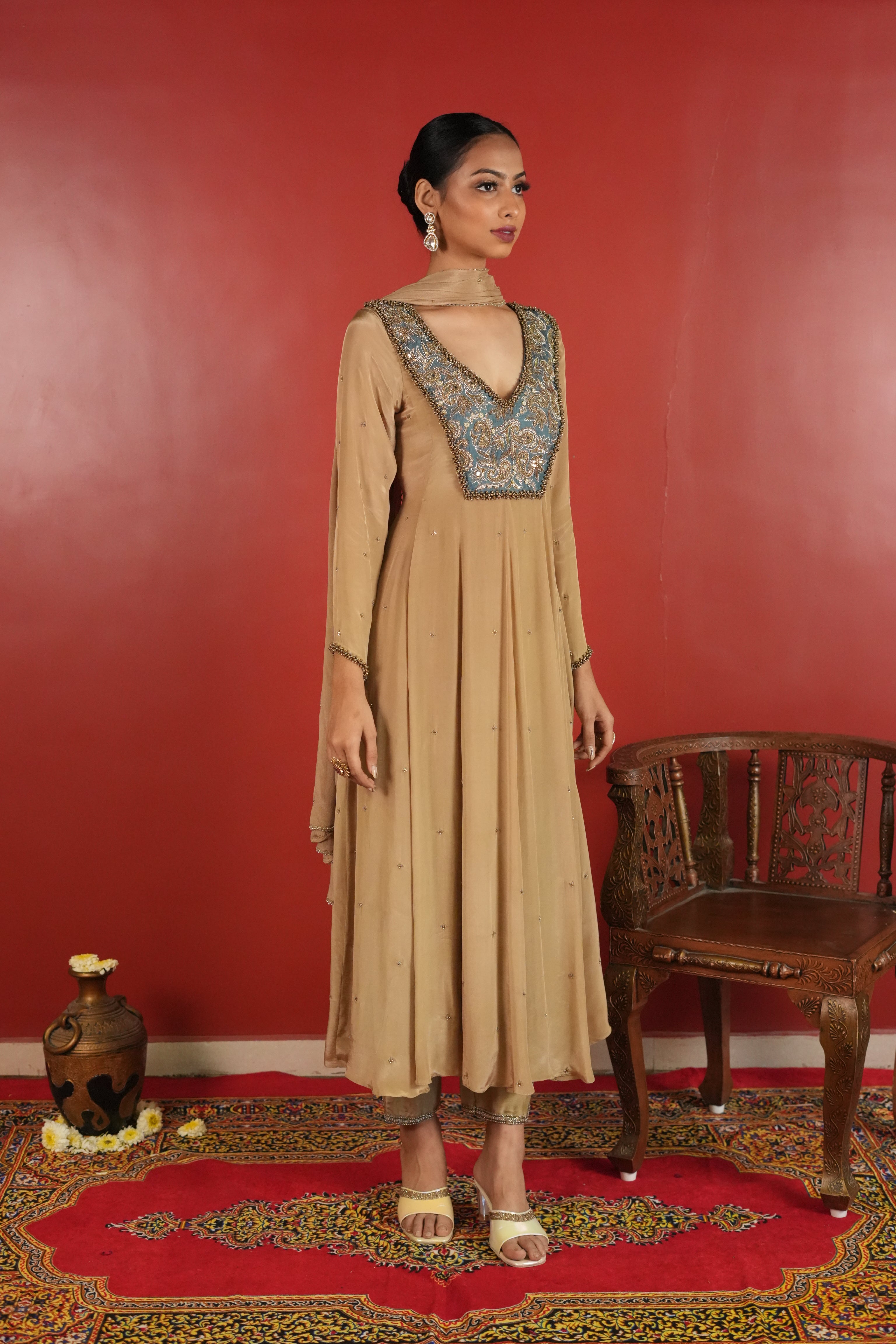 Soft Gold Dress With Teal Blue Patch