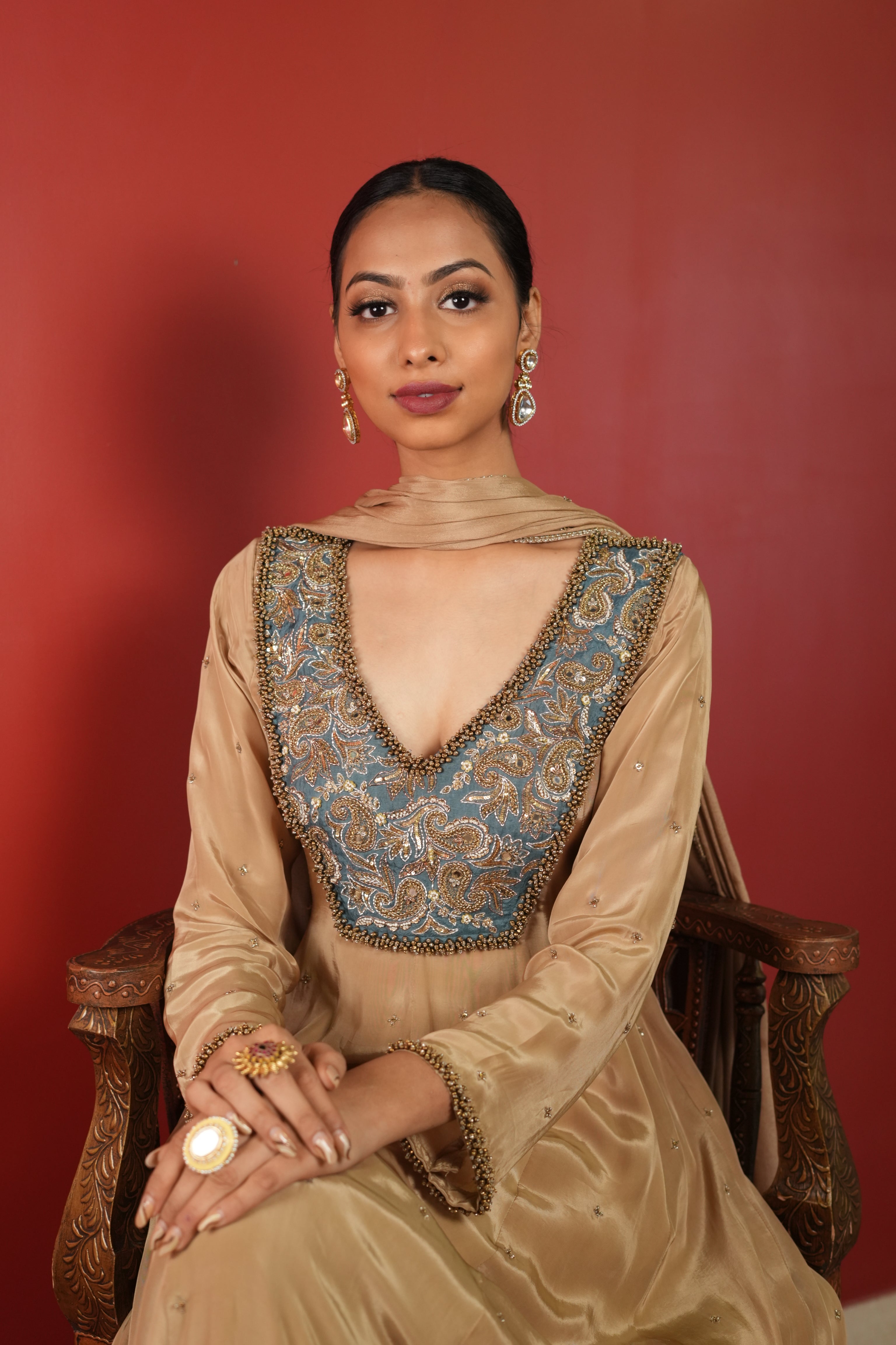 Soft Gold Dress With Teal Blue Patch