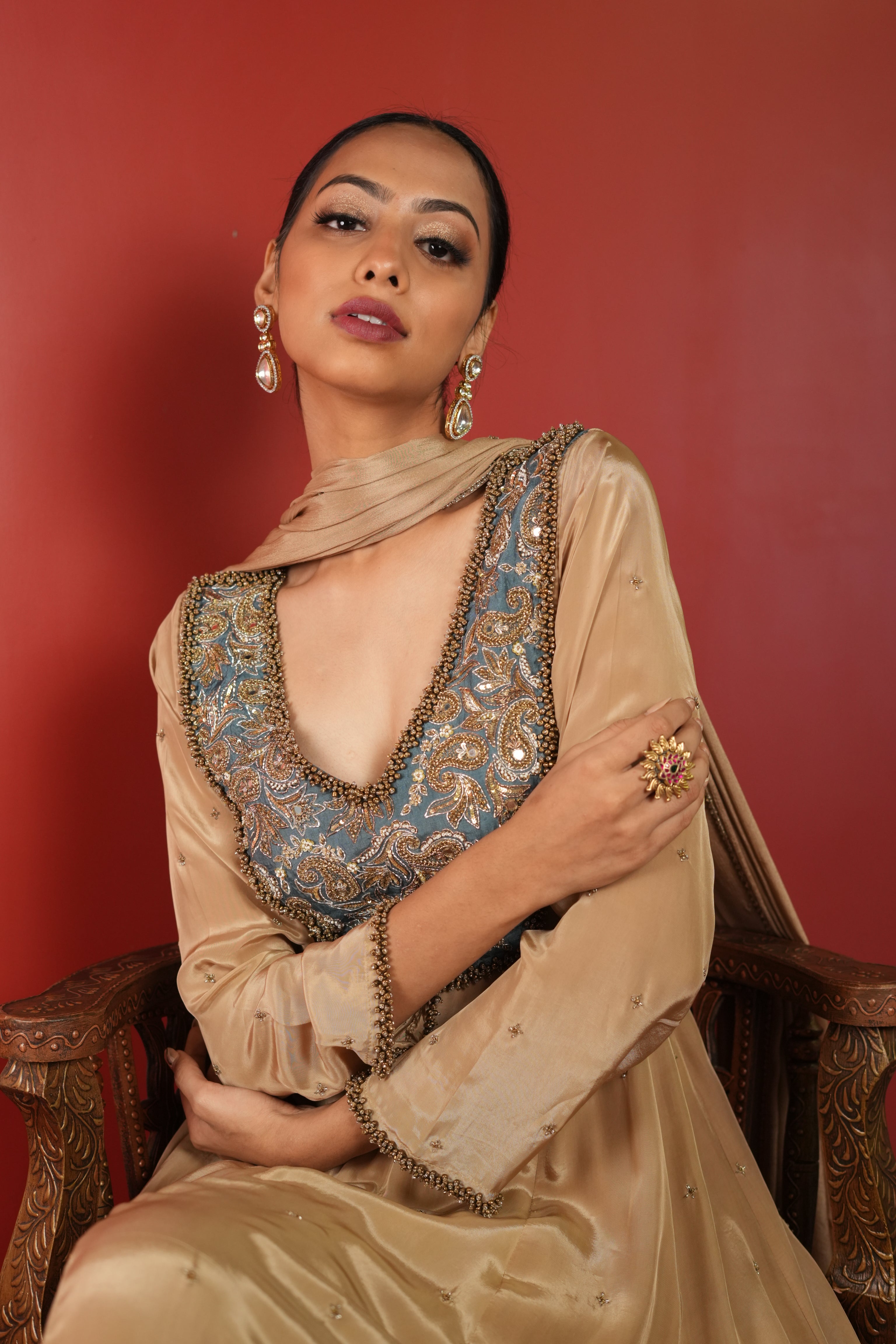 Soft Gold Dress With Teal Blue Patch