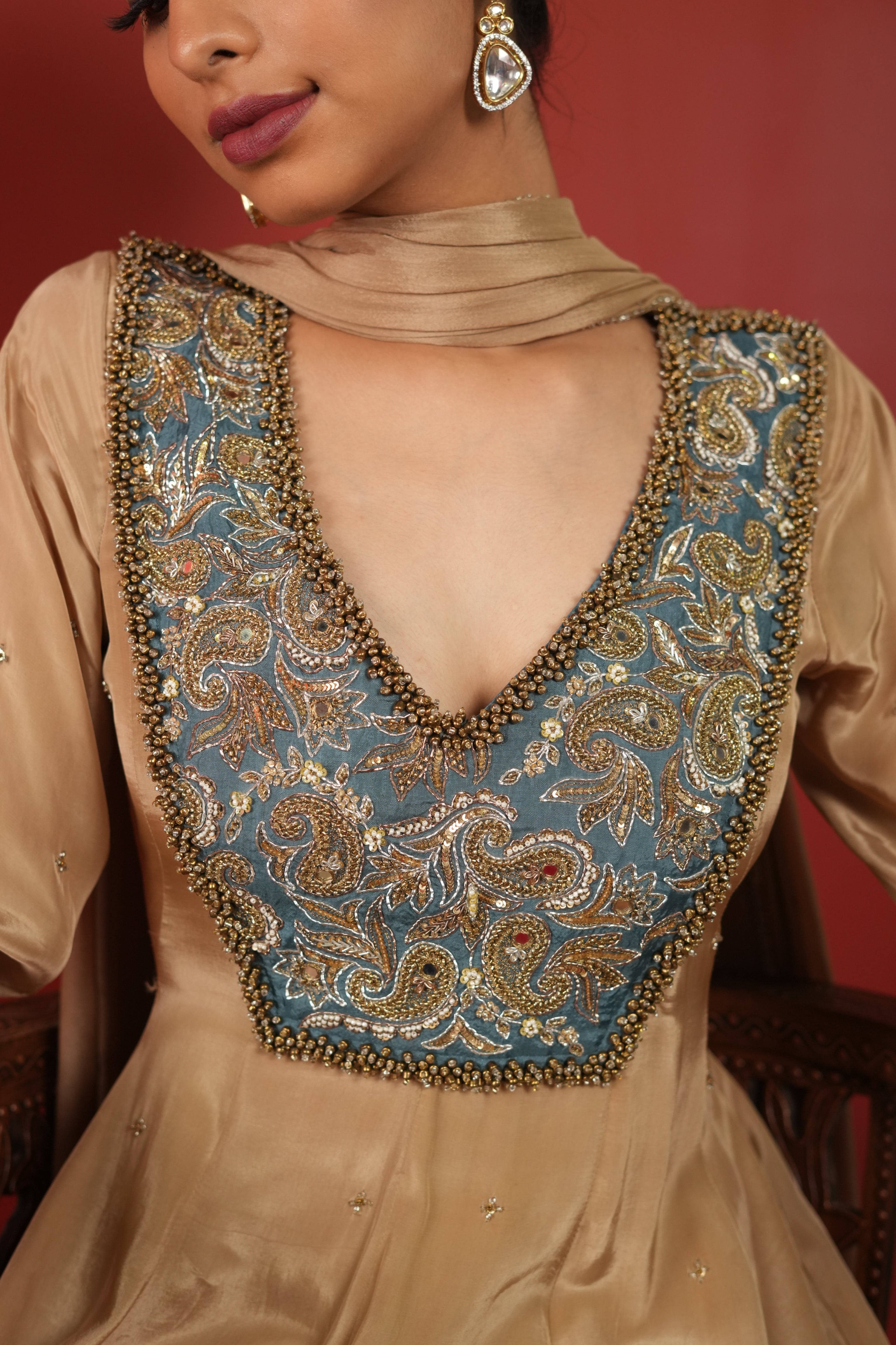 Soft Gold Dress With Teal Blue Patch