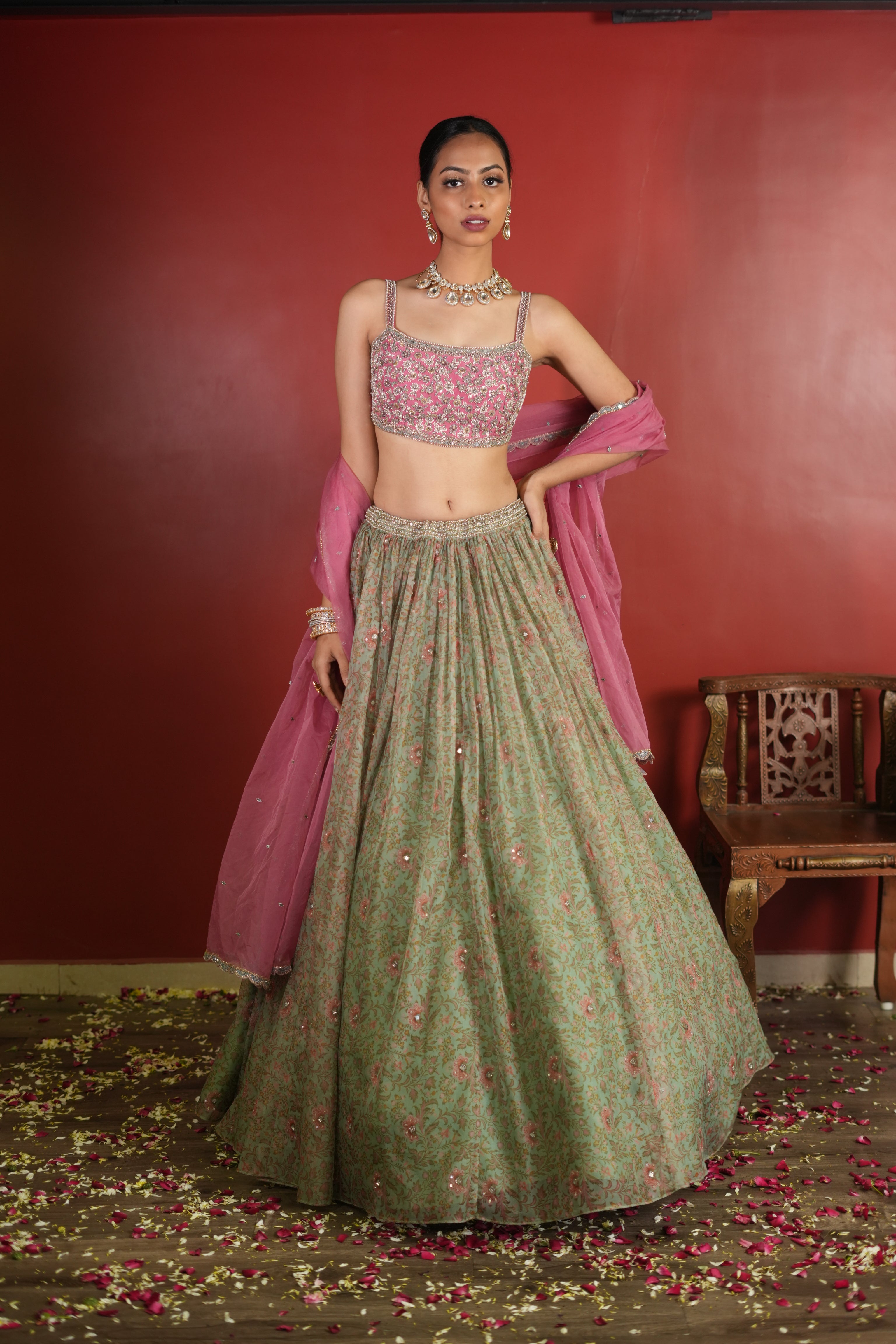 Pink - Sea Green Printed Lehenga Set