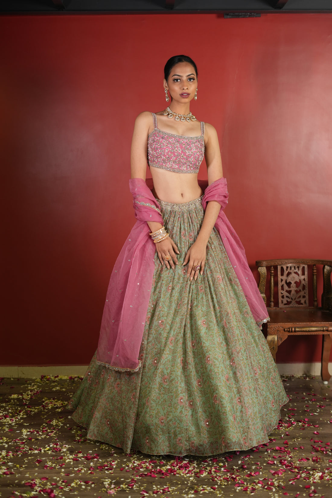 Pink - Sea Green Printed Lehenga Set