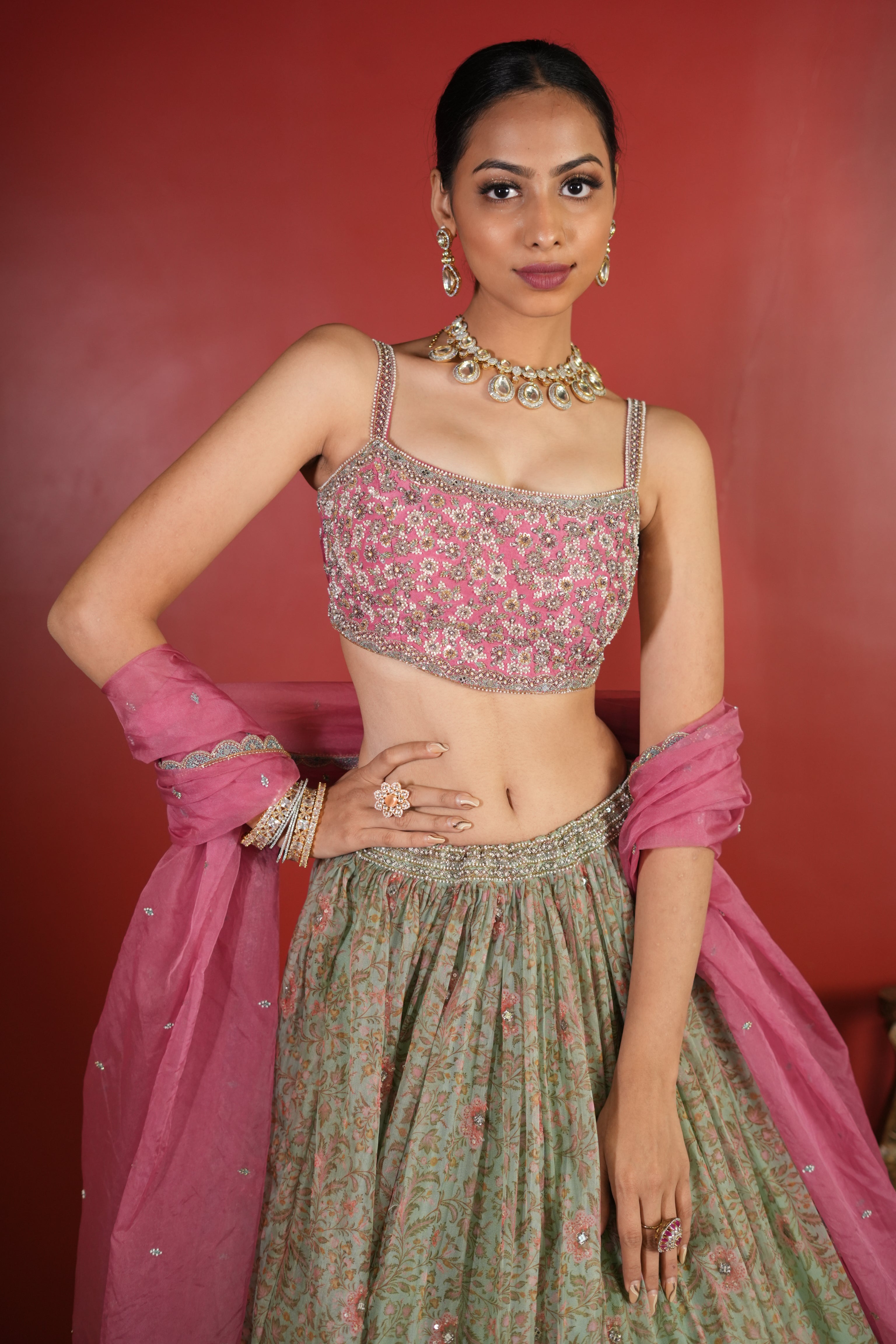 Pink - Sea Green Printed Lehenga Set