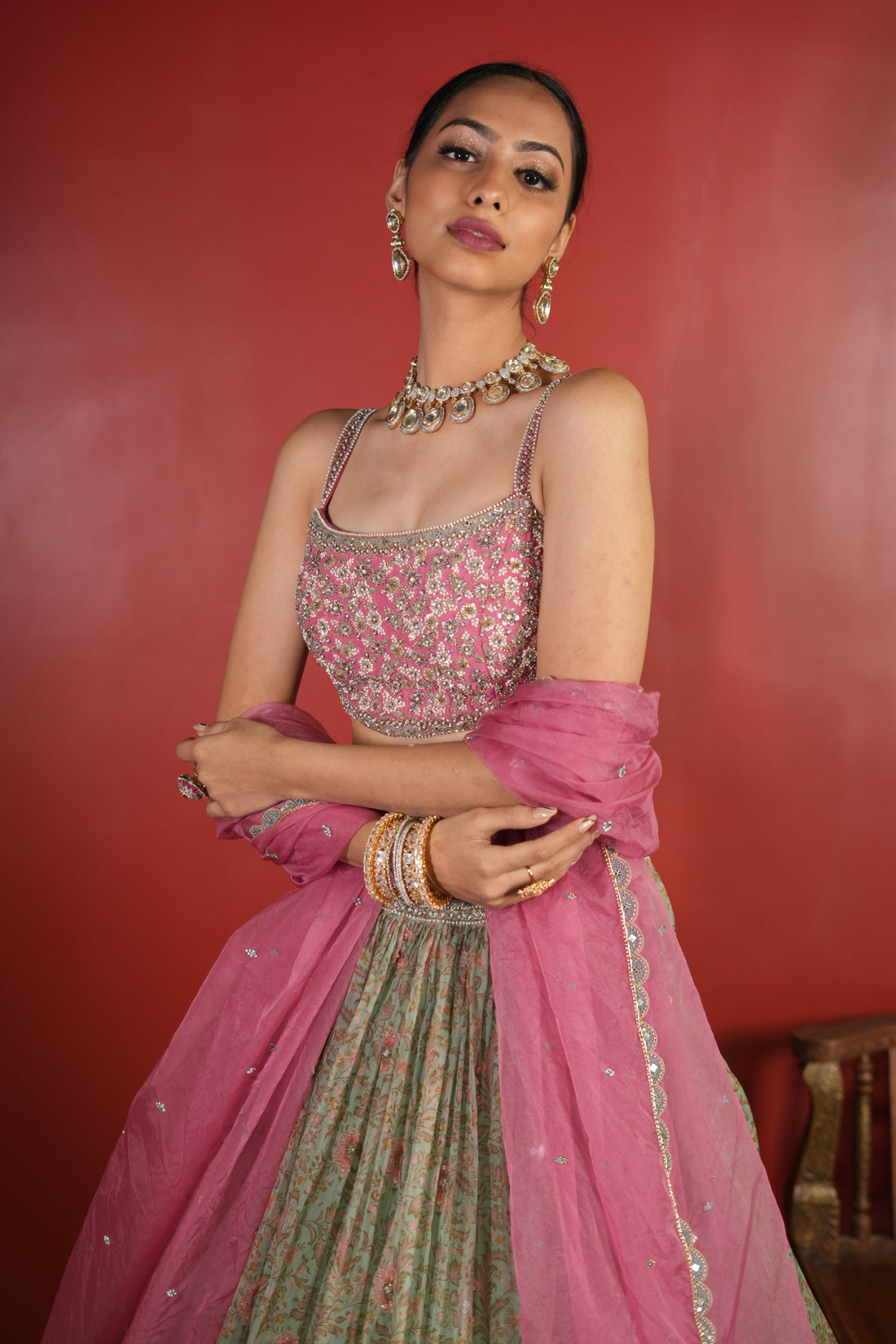Pink - Sea Green Printed Lehenga Set