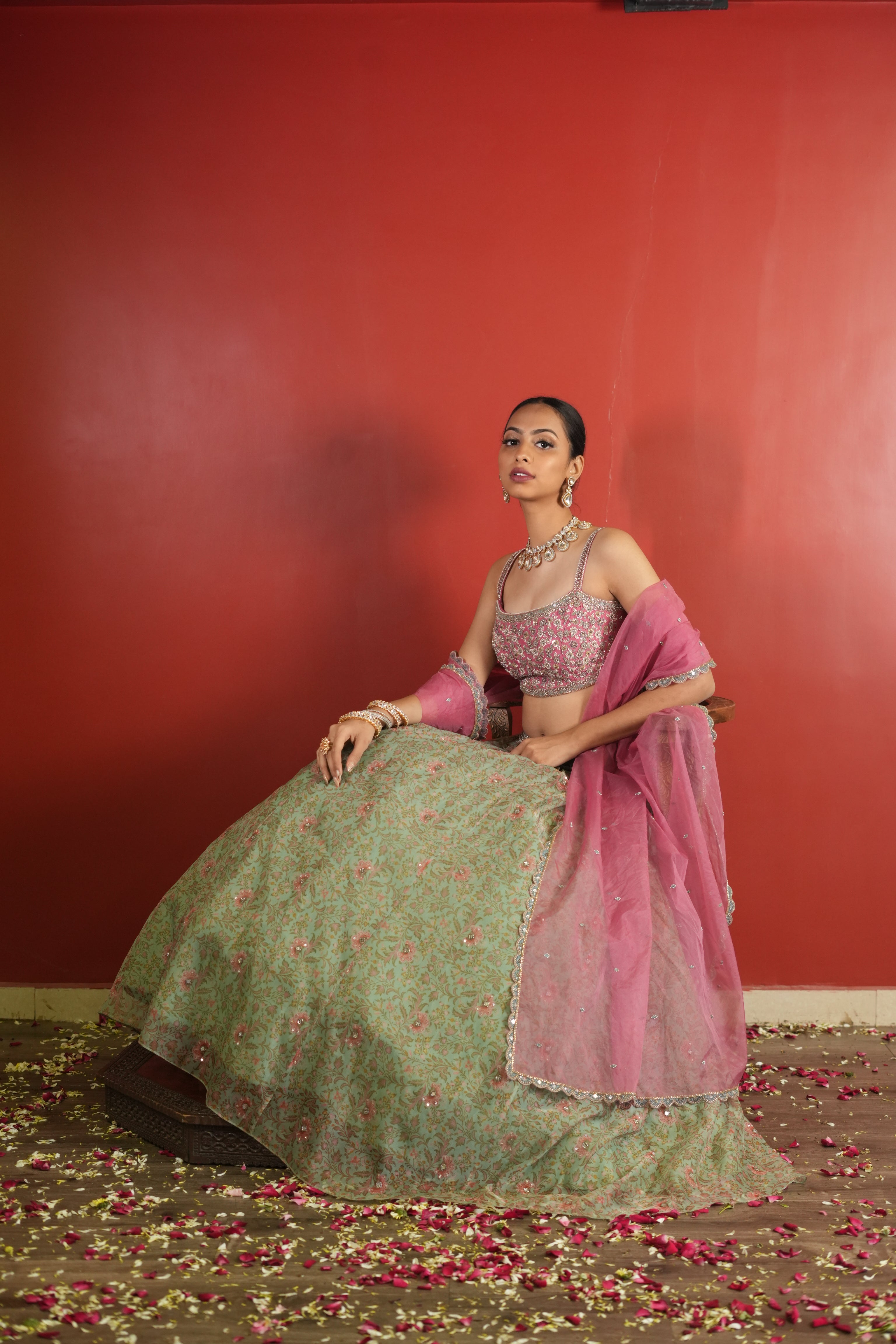 Pink - Sea Green Printed Lehenga Set