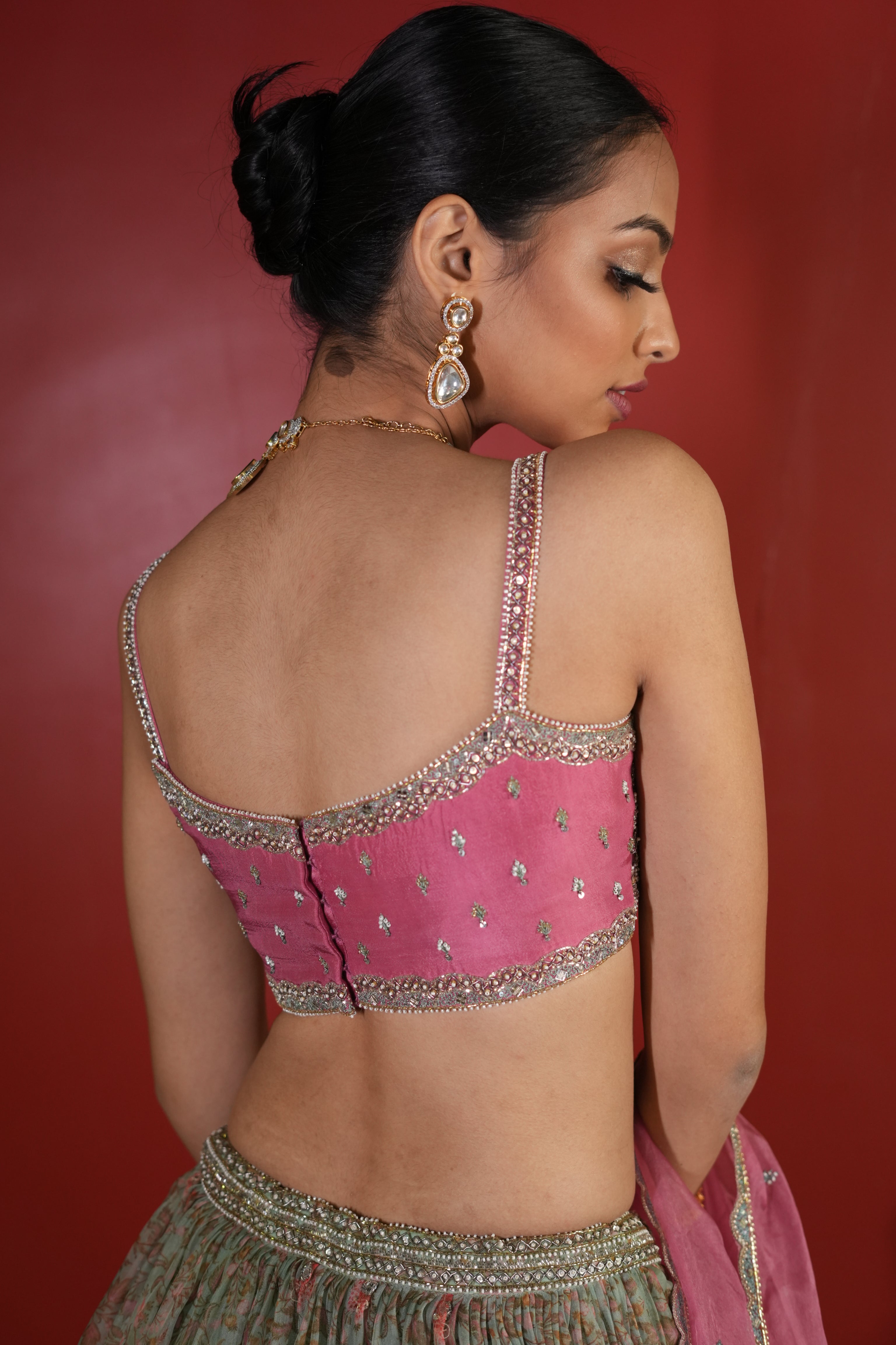 Pink - Sea Green Printed Lehenga Set