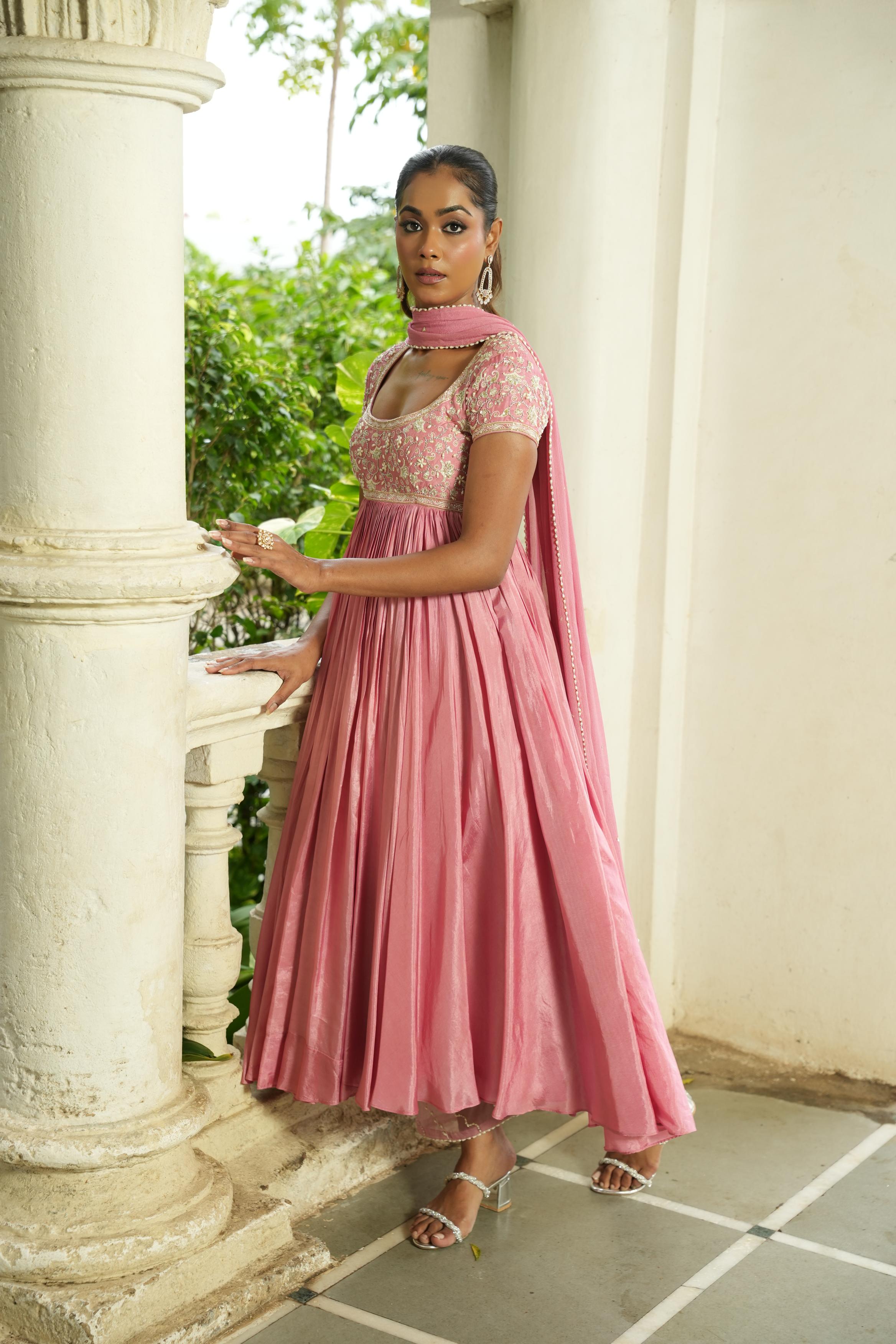 Pastle Pink Anarkali With Pants