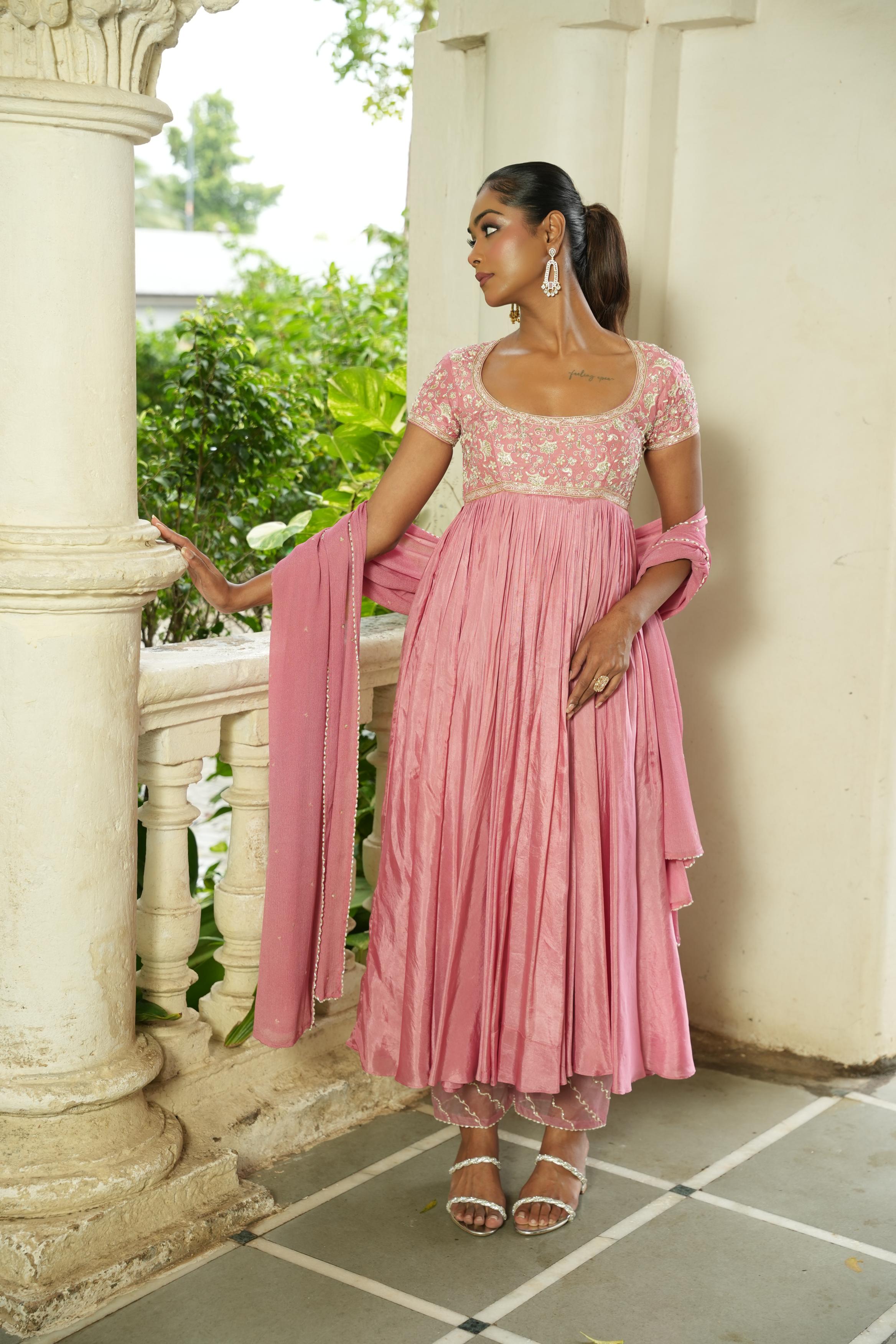 Pastle Pink Anarkali With Pants
