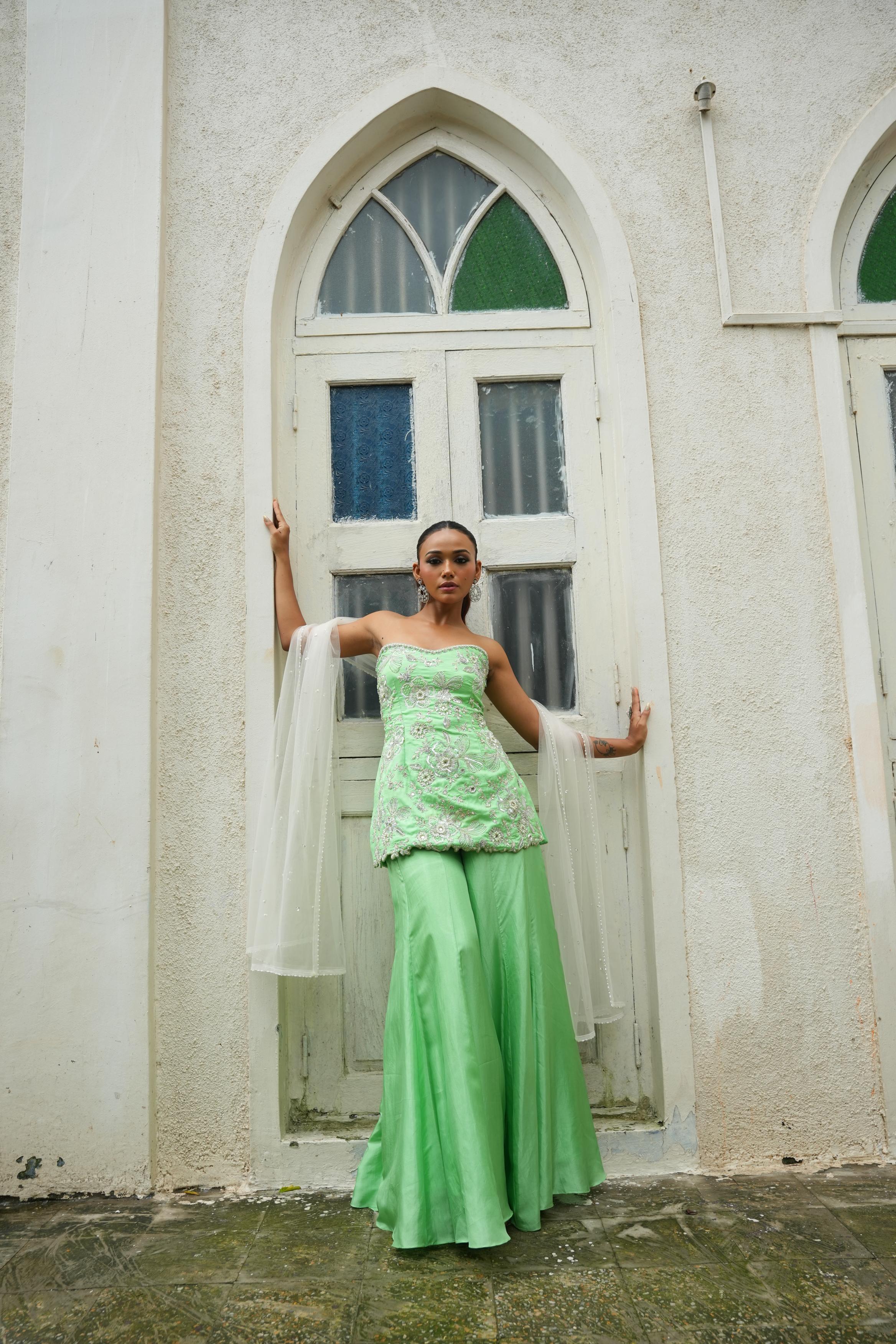 Pear Green (StrapLess)  Sharara Set
