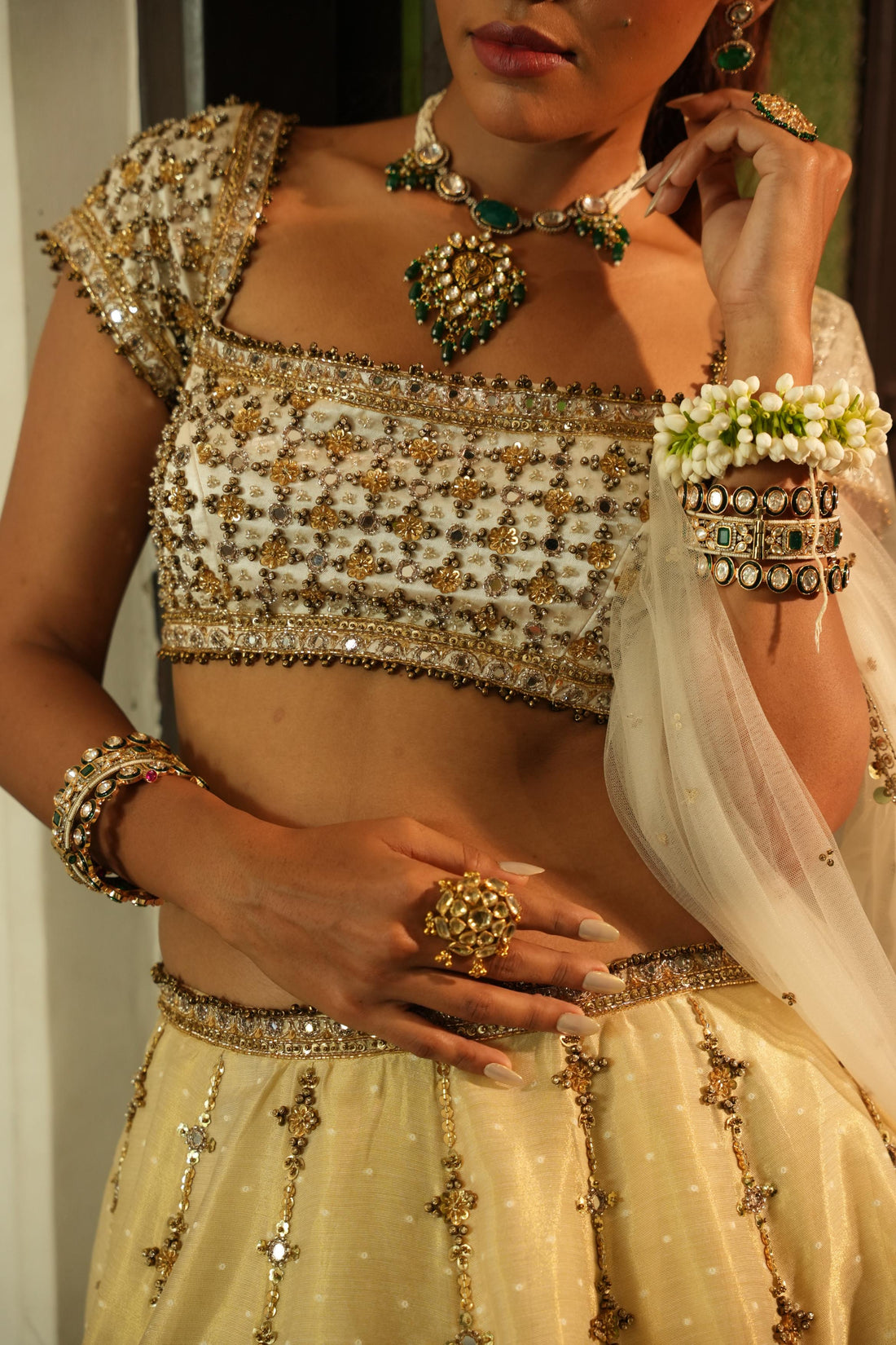 Ivory (Self Gold Zari Buttie) Lehenga